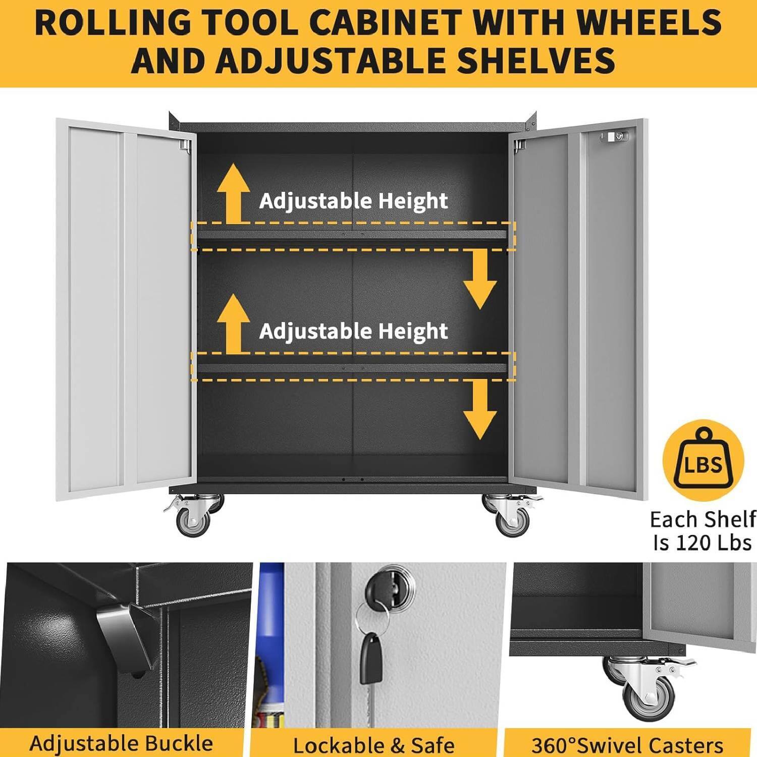ROLLING TOOL CABINET WITH WHEELS AND ADJUSTABLE SHELVES

- Adjustable Height
- Adjustable Height

Each Shelf Is 120 Lbs

- Adjustable Buckle
- Lockable & Safe
- 360° Swivel Casters