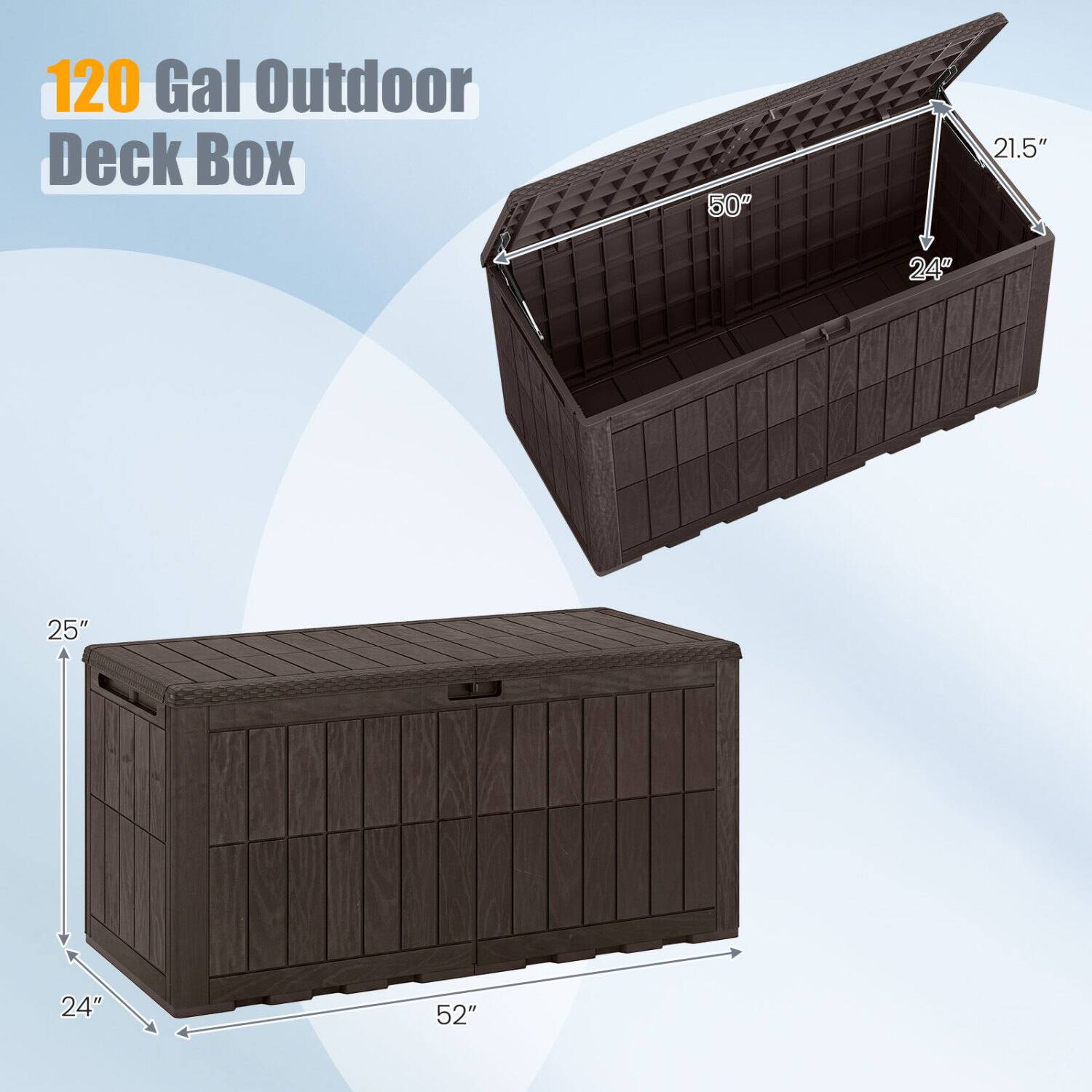 120 Gal Outdoor Deck Box

50"
21.5"
24"
25"
24"
52"