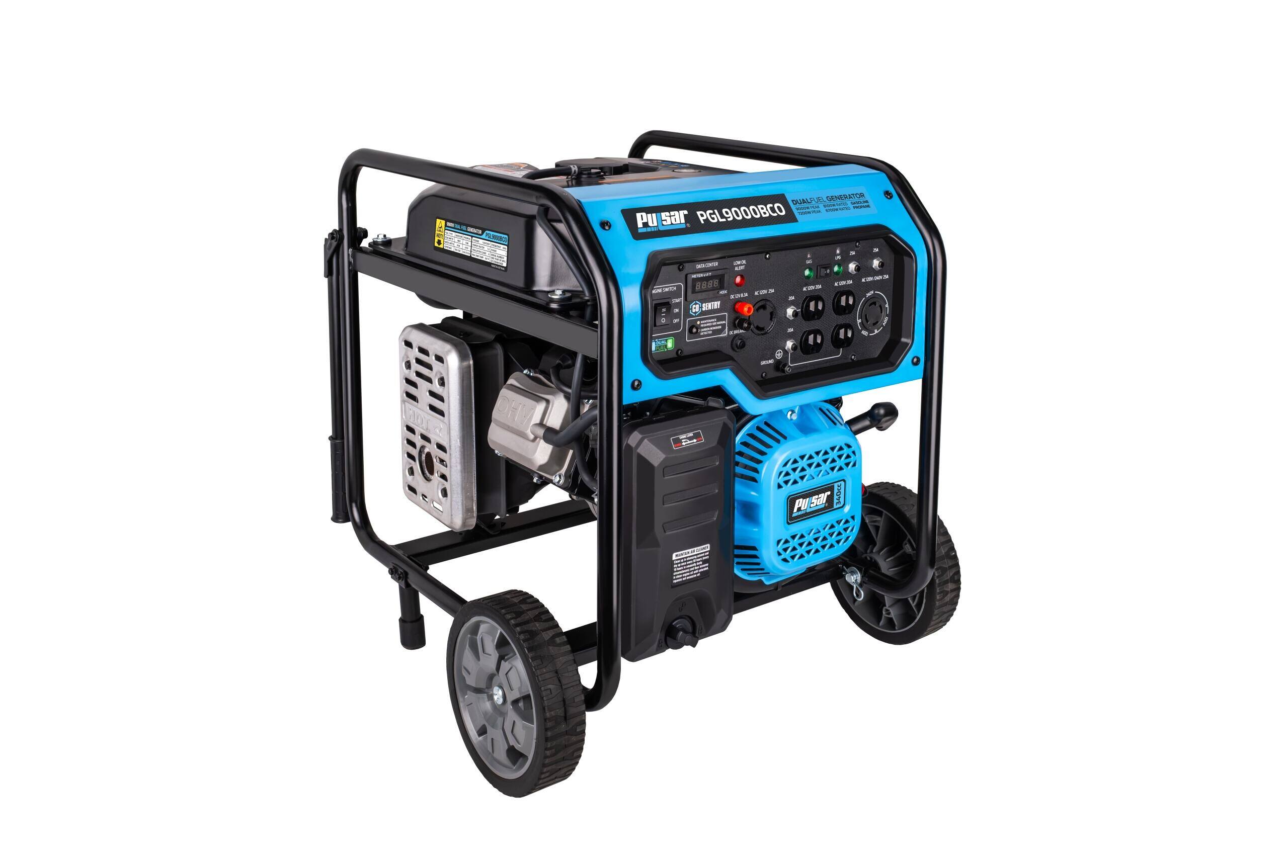 - Pulsar PGL9000BCO
- Dual Fuel Generator
- 5000W Continuous / 6000W Peak
- 120V 20A
- 240V 10A
- 50Hz
- 88dB
- 1.5Gallon Fuel Tank
- 1000W Inverter
- 12V DC Outlet
- 50A DC Outlet
- 120V 20A Outlet
- 240V 10A Outlet
- 12V DC Outlet
- 50A DC Outlet
- OHV Engine
- Pulsar