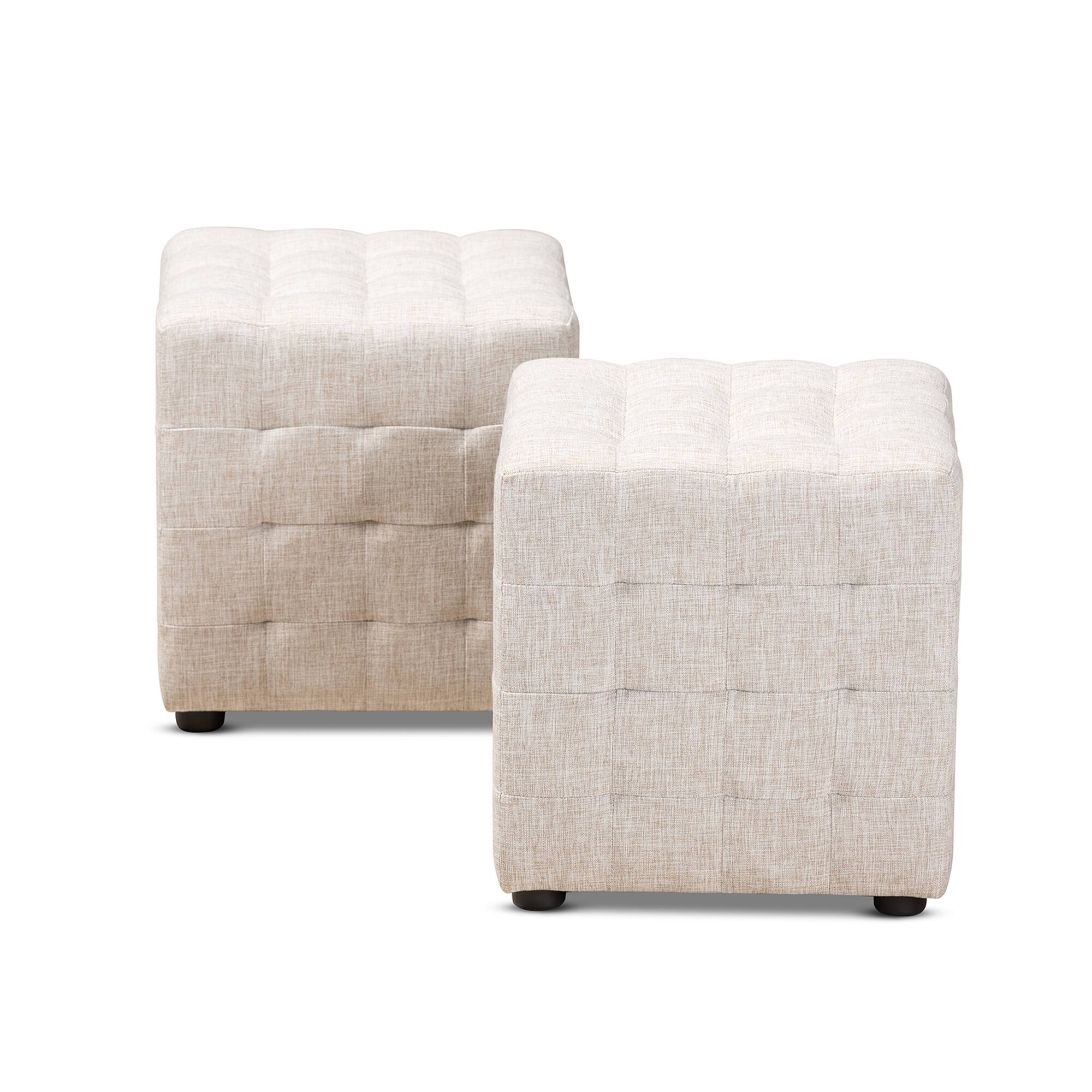 Angle. Baxton Studio - Elladio Modern and Contemporary Fabric Upholstered Tufted Cube Ottoman Set - Beige.