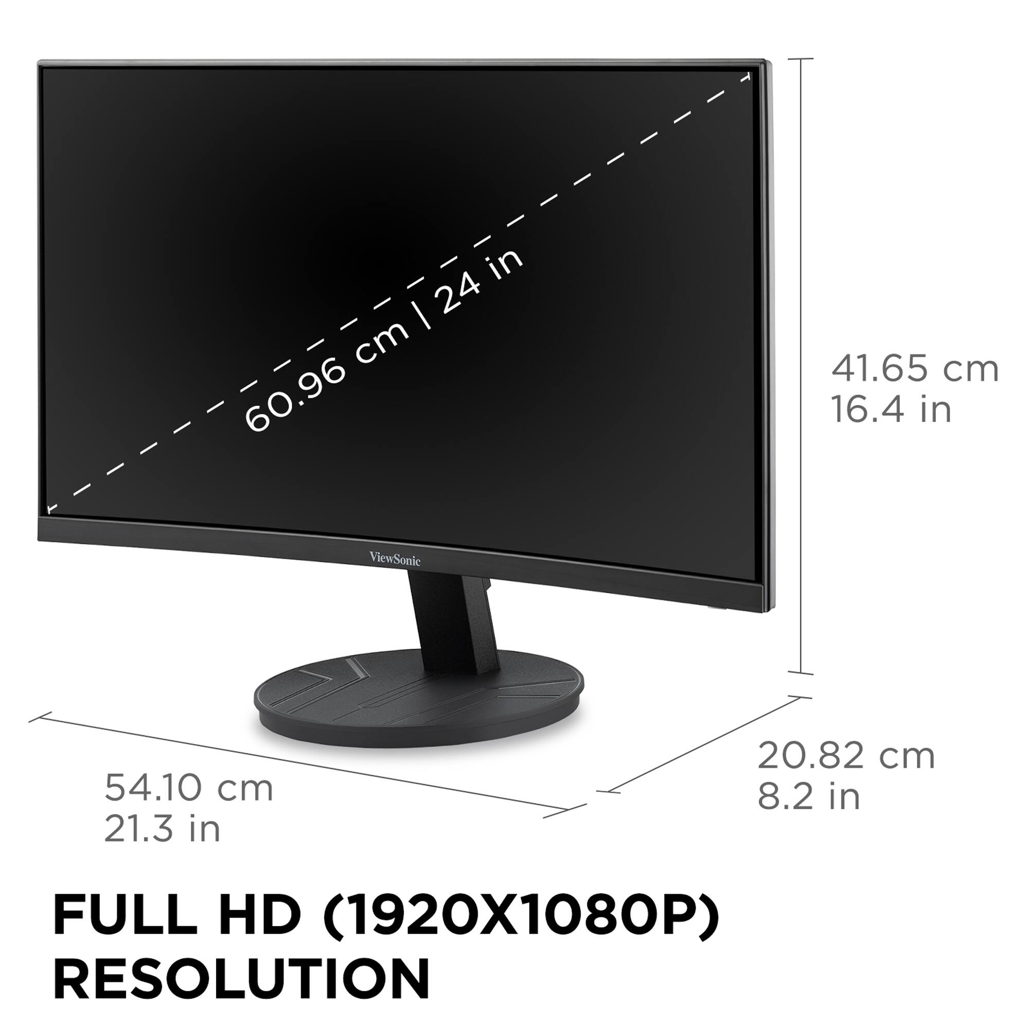 - 60.96 cm | 24 in
- 41.65 cm | 16.4 in
- 54.10 cm | 21.3 in
- 20.82 cm | 8.2 in

FULL HD (1920X1080P) RESOLUTION