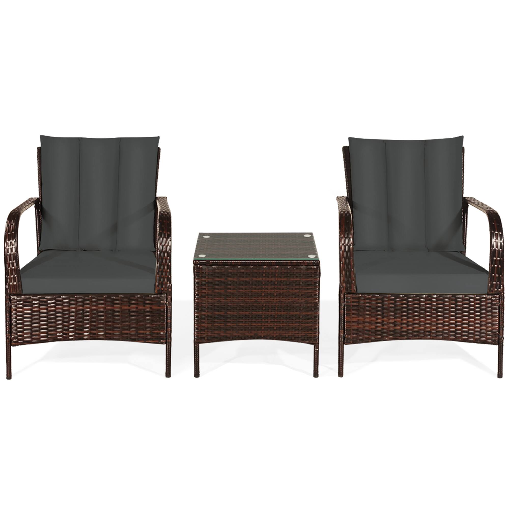 Alt View 4. Gymax - Gymax 3PCS Outdoor Patio Rattan Conversation Set Furniture Set w/ Table Cushions - Gray.