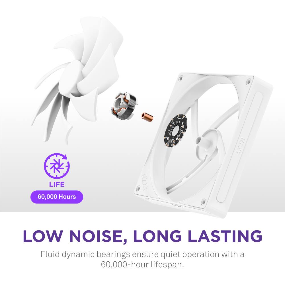 LIFE 60,000 Hours NZXT E NZXT LOW NOISE, LONG LASTING Fluid dynamic bearings ensure quiet operation with a 60,000-hour lifespan.