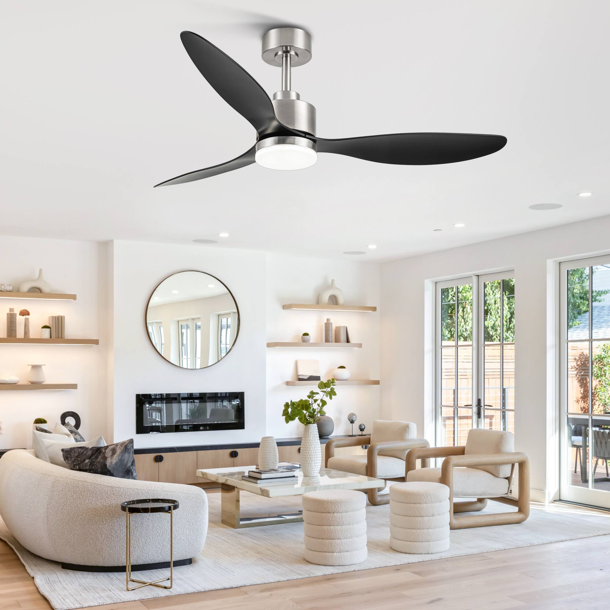 Alt View 1. Breezary - 52" Indoor Ceiling Fan, 3 ABS Blades, 6-Speed DC Motor, Remote Control, Memory/Timer, 3-Color LED Light, 5"/10" Downrods - Satin Nickel and Black.