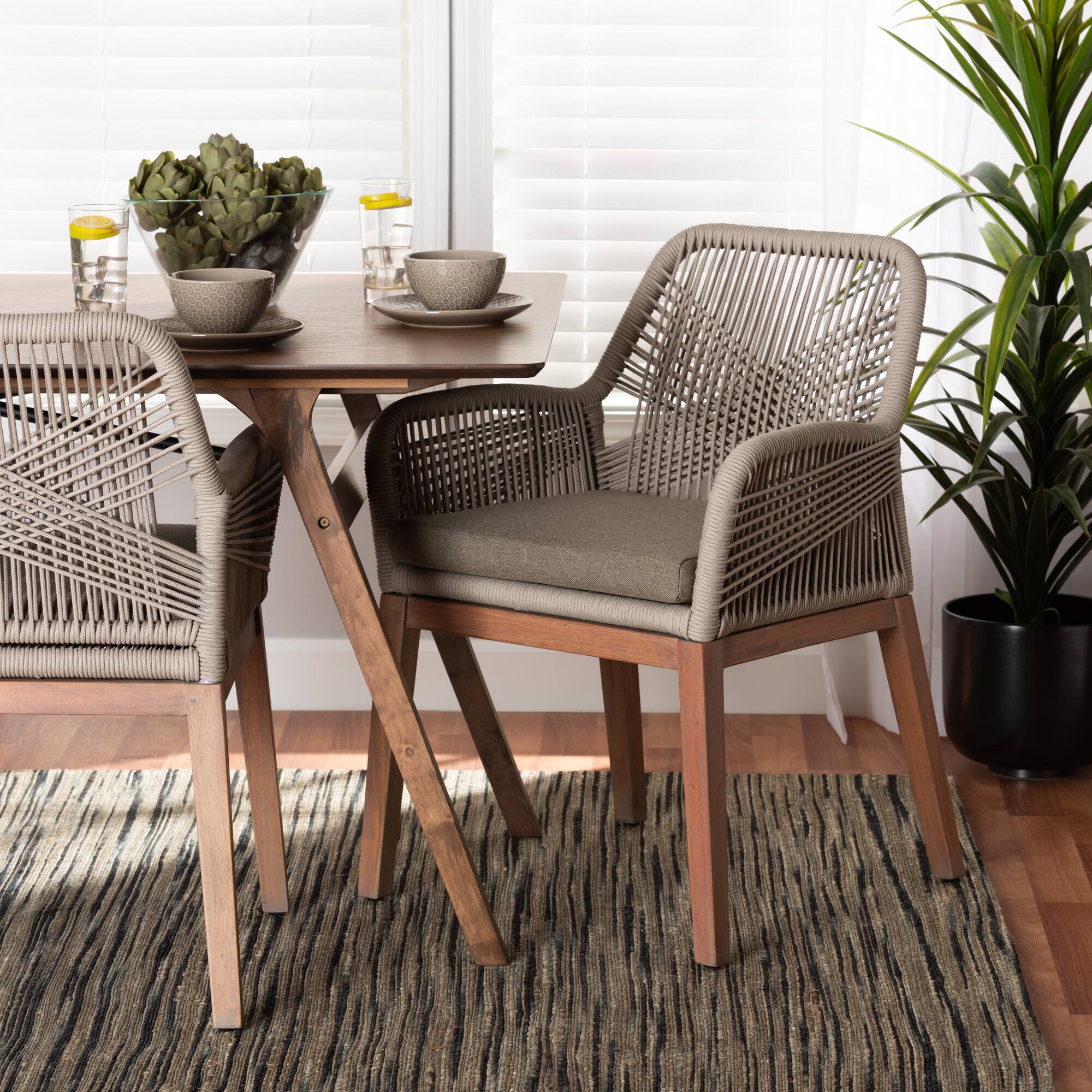 Alt View 5. bali & pari - Jennifer Mid-Century Transitional Woven Rope Mahogany Dining Arm Chair - Grey/Walnut Brown.