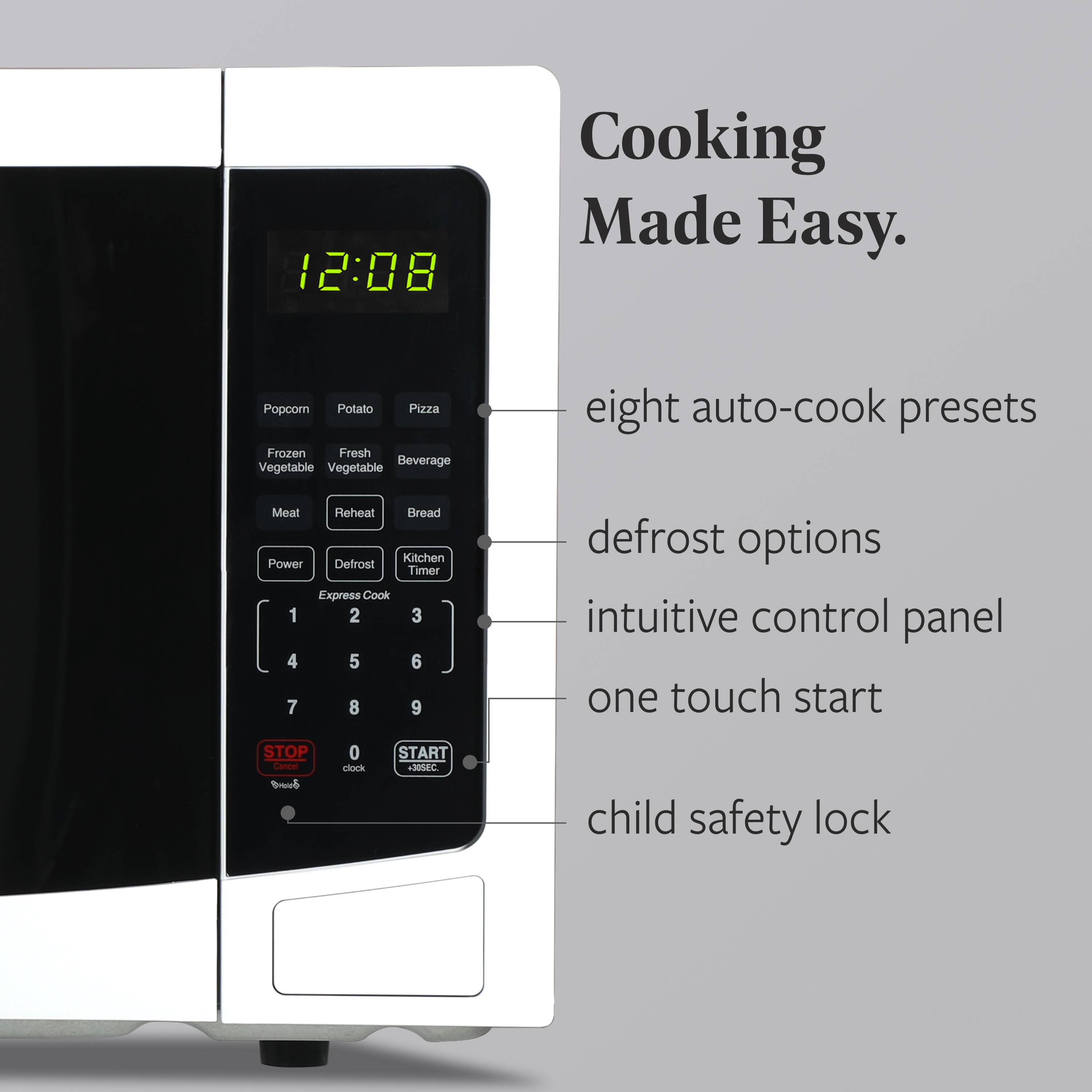 Cooking Made Easy.

- eight auto-cook presets
- defrost options
- intuitive control panel
- one touch start
- child safety lock

12:08

Popcorn  
Potato  
Pizza  
Frozen Vegetable  
Fresh Vegetable  
Beverage  
Meat  
Reheat  
Bread  

Power  
Defrost  
Kitchen Timer  
Express Cook  

1 2 3  
4 5 6  
7 8 9  

STOP  
0  
START  

clock  
3018C