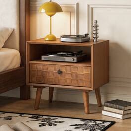 Anysun - 22" Wood Nightstand with Carved Geometric Drawer, Open Shelf, Solid Wood Legs, Mid-Century Bedside Table for Bedroom - Oak