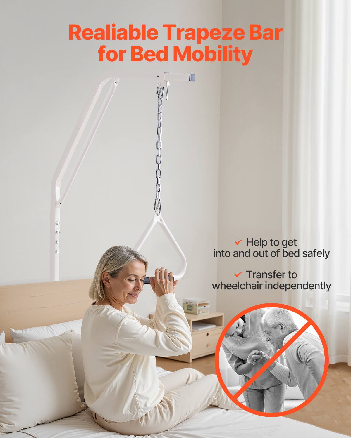 Reliable Trapeze Bar for Bed Mobility

- Help to get into and out of bed safely
- Transfer to wheelchair independently