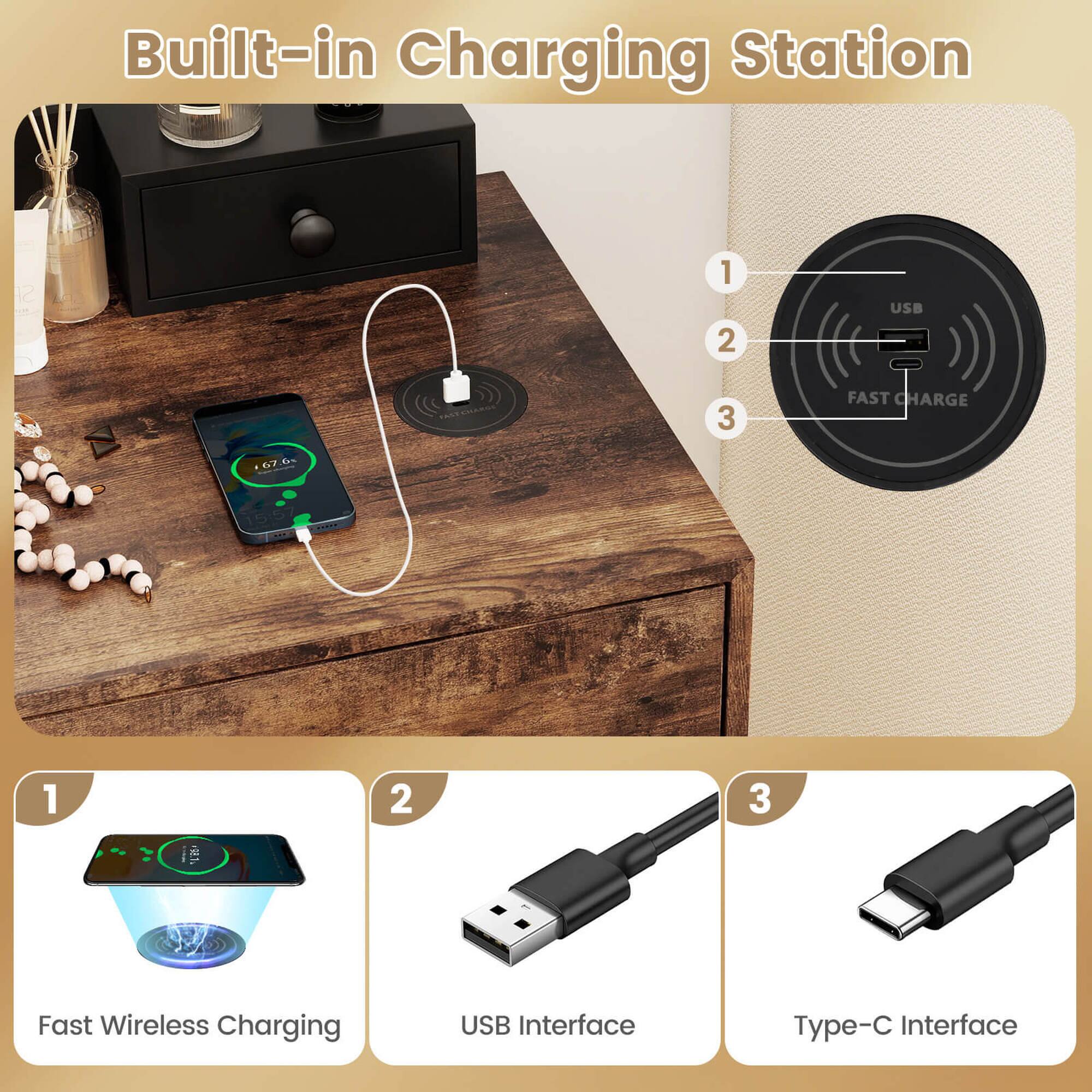 Built-in Charging Station

1. Fast Wireless Charging
2. USB Interface
3. Type-C Interface

USB FAST CHARGE