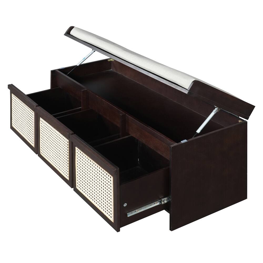 Alt View 10. Ropilly - Ropilly Retro Entryway Shoe Bench with Rattan Drawers Tufted Cushion Hidden Storage Espresso Hallway Foyer Seating - Espresso.