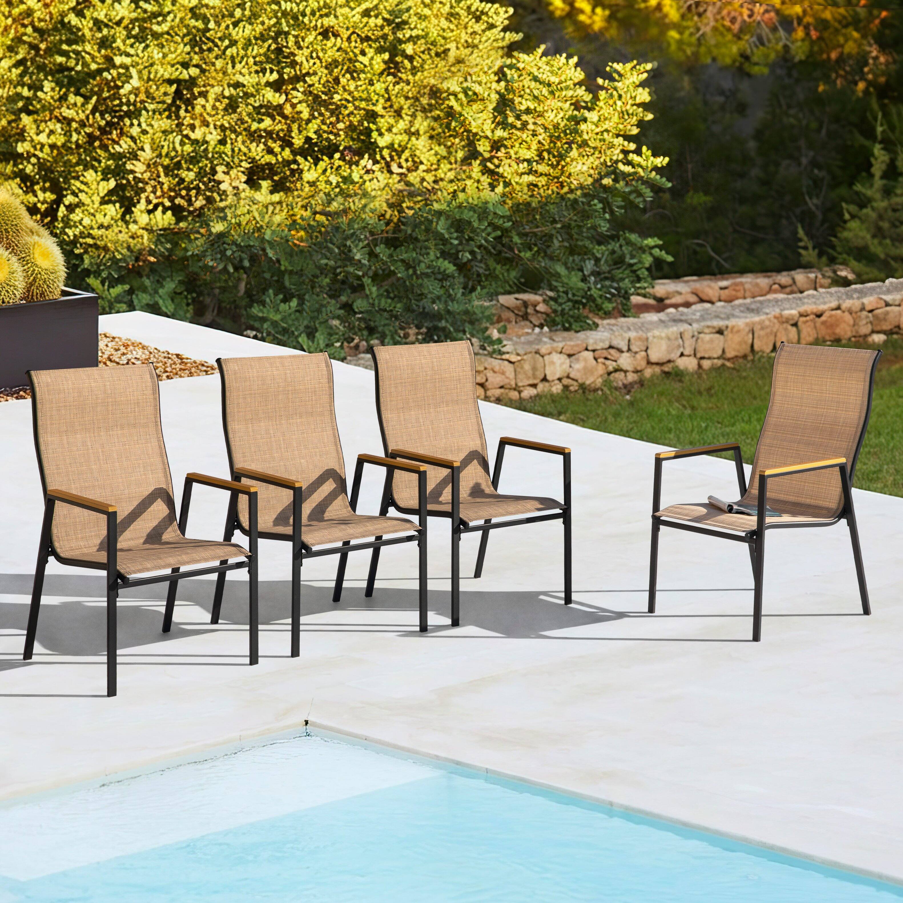 Left. Nuu Garden - Patio Stackable Textilene Dining Chairs Set of 4, Faux Wood Armrests - Khaki.