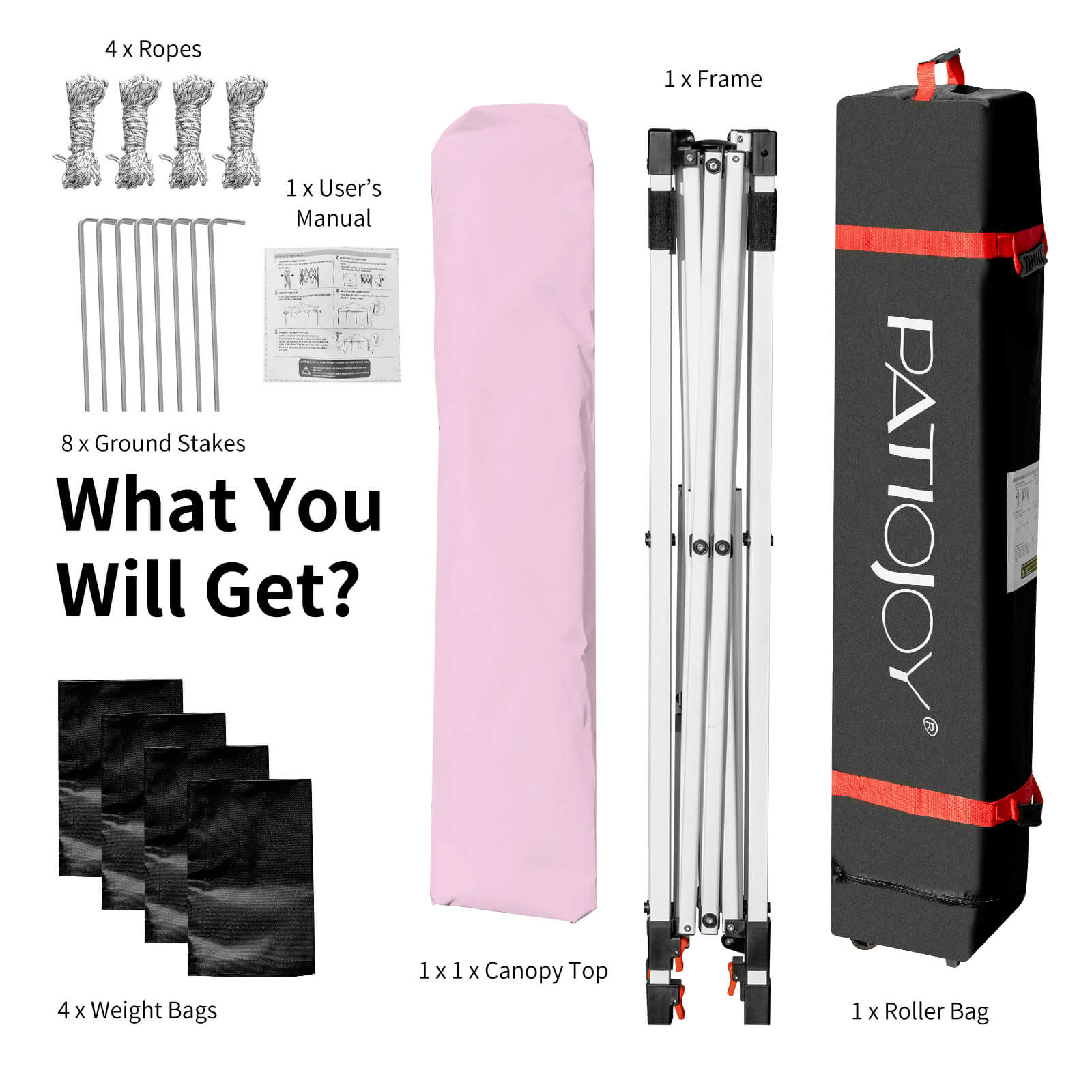 4 x Ropes, 1 x Frame, 1 x User's Manual, 8 x Ground Stakes, What You Will Get?, 1 x 1 x Canopy Top, 4 x Weight Bags, 1 x Roller Bag