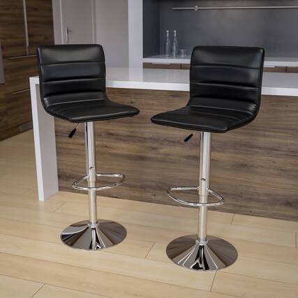 Front. Emma + Oliver - Modern Vinyl Adjustable Height Barstool with Horizontal Stitch Back, Set of 2 - Black Vinyl/Chrome Frame.