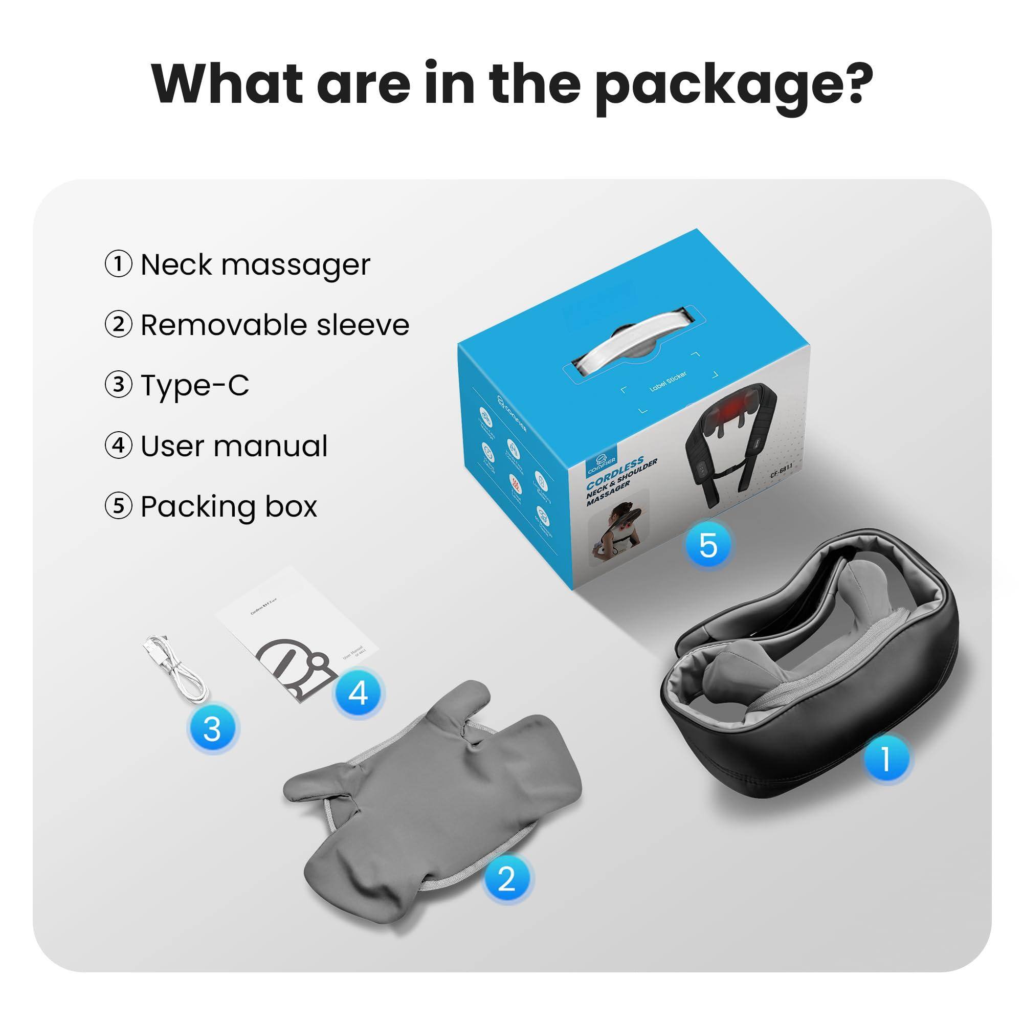 What are in the package?

1. Neck massager
2. Removable sleeve
3. Type-C
4. User manual
5. Packing box