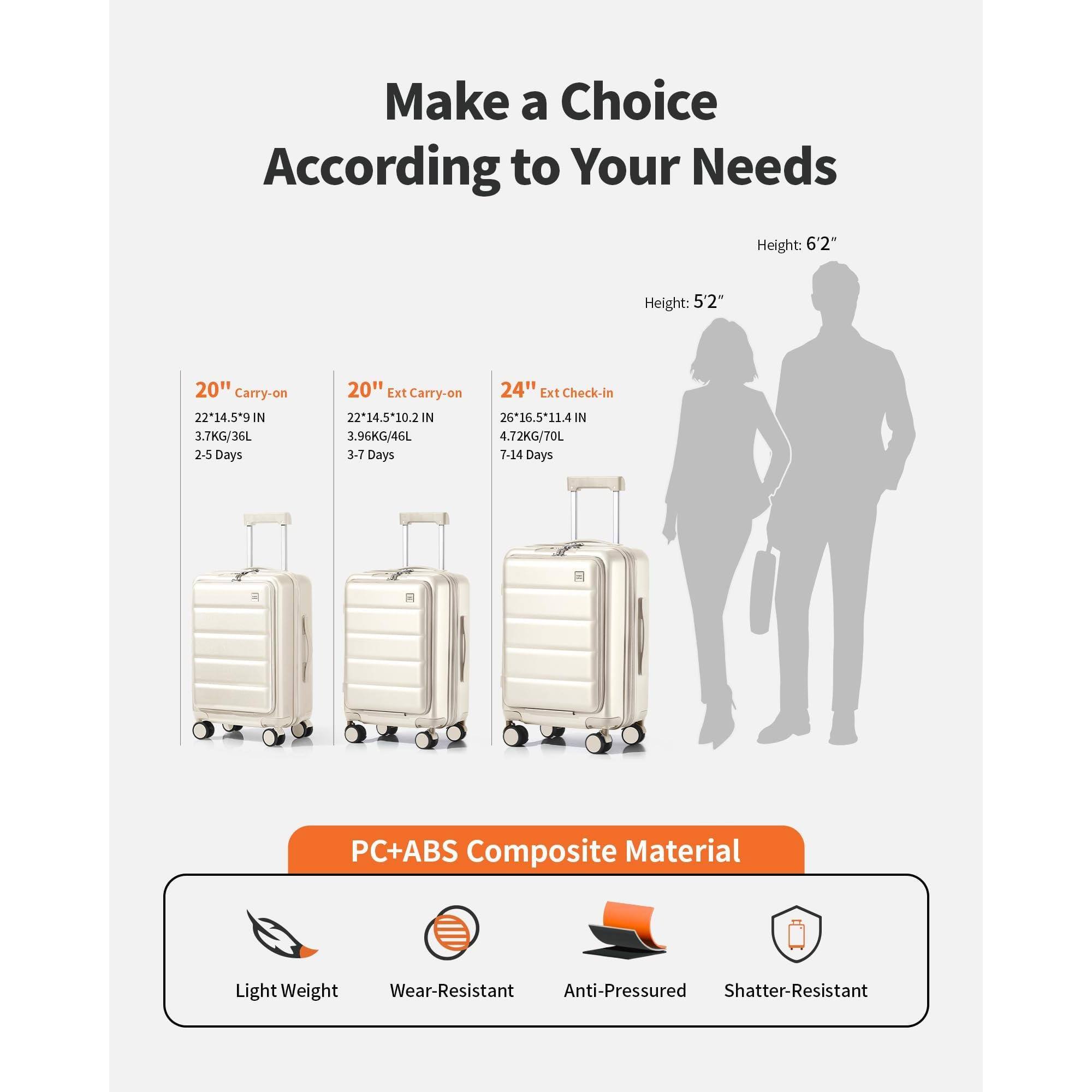 Make a Choice According to Your Needs

Height: 5'2"  
Height: 6'2"

20" Carry-on  
22*14.5*9 IN  
3.7KG/36L  
2-5 Days

20" Ext Carry-on  
22*14.5*10.2 IN  
3.96KG/46L  
3-7 Days

24" Ext Check-in  
26*16.5*11.4 IN  
4.72KG/70L  
7-14 Days

PC+ABS Composite Material  
Light Weight  
Wear-Resistant  
Anti-Pressured  
Shatter-Resistant