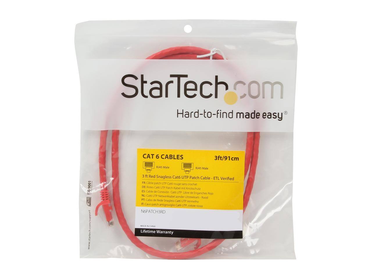 StarTech.com  
Hard-to-find made easy  

CAT 6 CABLES  
3ft/91cm  
RJ45 Male  
RJ45 Male  

3 ft Red Snagless Cat6 UTP Patch Cable - ETL Verified  

FR: Cable patch UTP Cat6 rouge sans crochet  
DE: Cat UTP Patch-Kabel mit Knickschutz  
ES: Cable de Conexión Cat6 UTP Libre de Enganches Rojo  
NL: Cat6 UTP Netwerkkabel zonder Uitsteeksels Rood  
PT: Cabo de Rede Snagless Cat6 Vermelho  
IT: Cavo patch antigroviglio Cat6 UTP colore rosso  

N6PATCH3RD  

MADE IN CHINA  

Lifetime Warranty  

www.startech.com/support