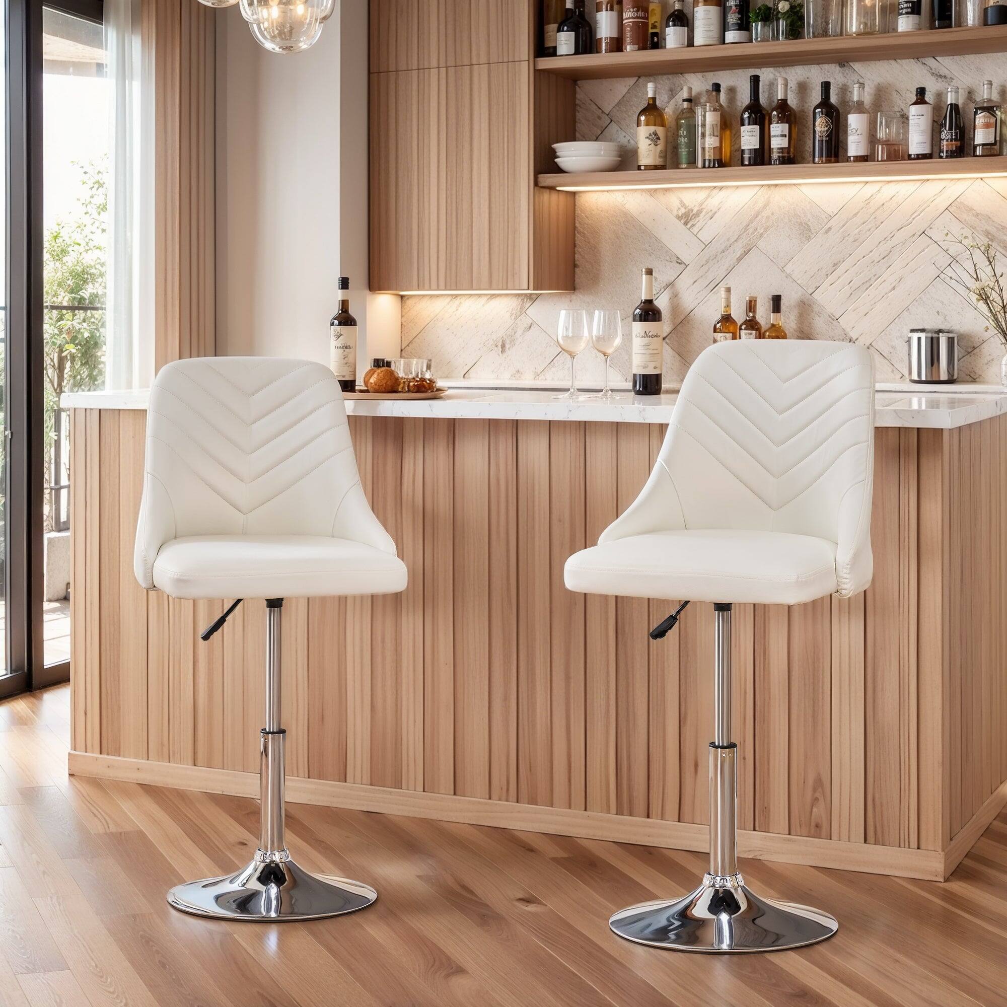Back. Vecelo - Set of 4 360° Swivel Adjustable Height Bar Stool - PU Leather Counter Stool with Backrest, Modern Kitchen Bar Stool - White.