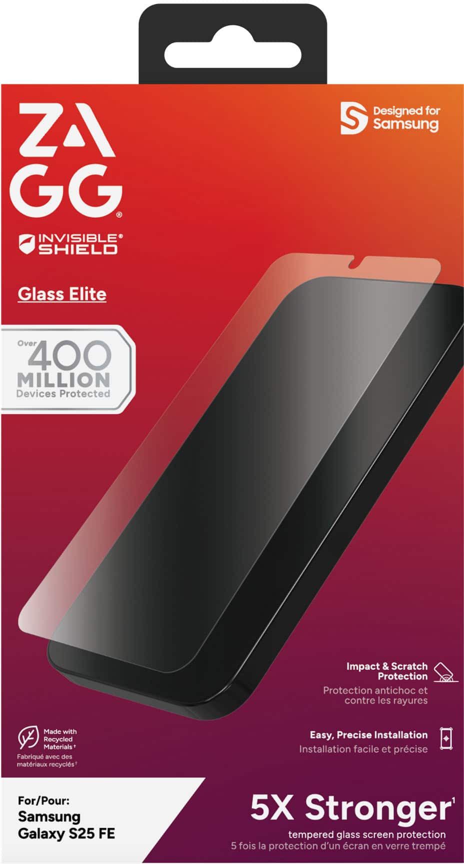 **ZA GG Invisible Shield Glass Elite**
- Designed for Samsung
- Over 400 Million Devices Protected
- Impact & Scratch Protection (Protection antichoc et contre les rayures)
- Made with Recycled Materials (Fabriqué avec des matériaux recyclés)
- Easy, Precise Installation (Installation facile et précise)
- For/Pour: Samsung Galaxy S25 FE
- 5X Stronger™ tempered glass screen protection (5 fois la protection d'un écran en verre trempé)