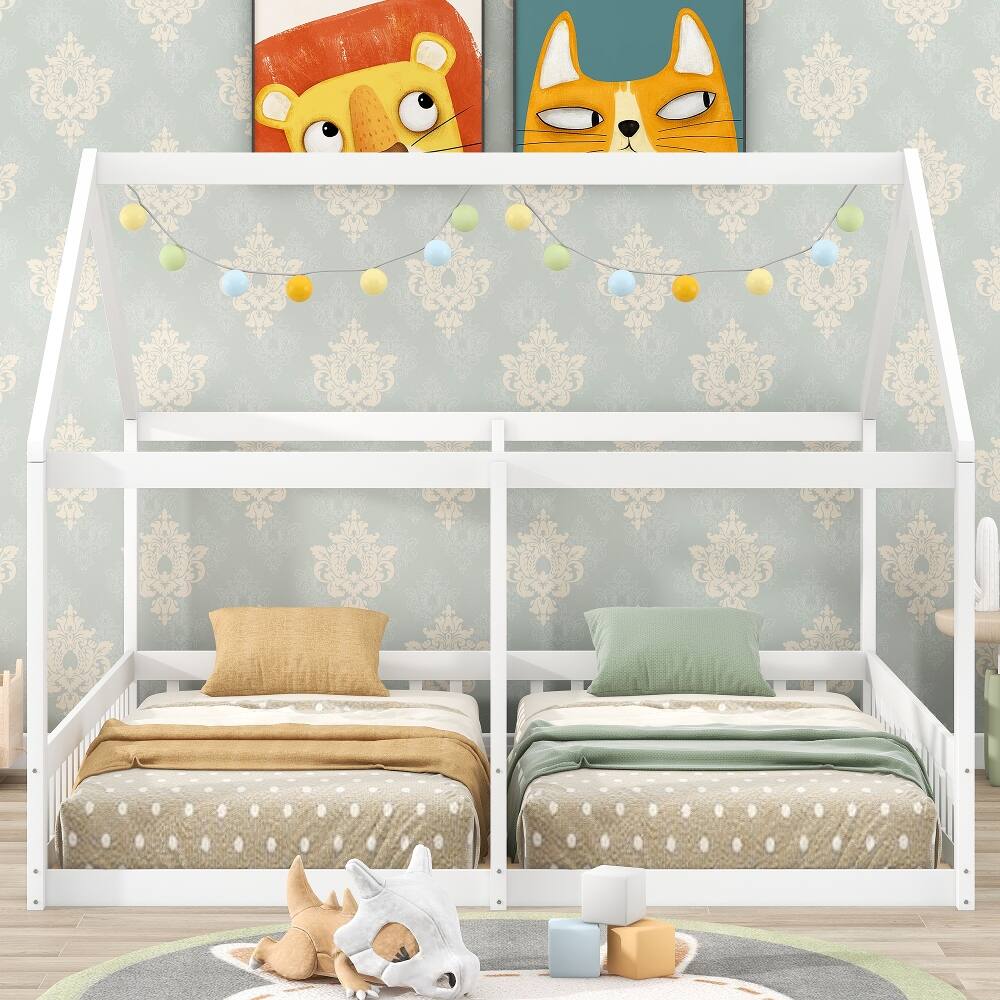 Left. Loheer - Loheer Twin Size House Bed, 2 in 1 Shared Platform Bed for Kids, White - White.