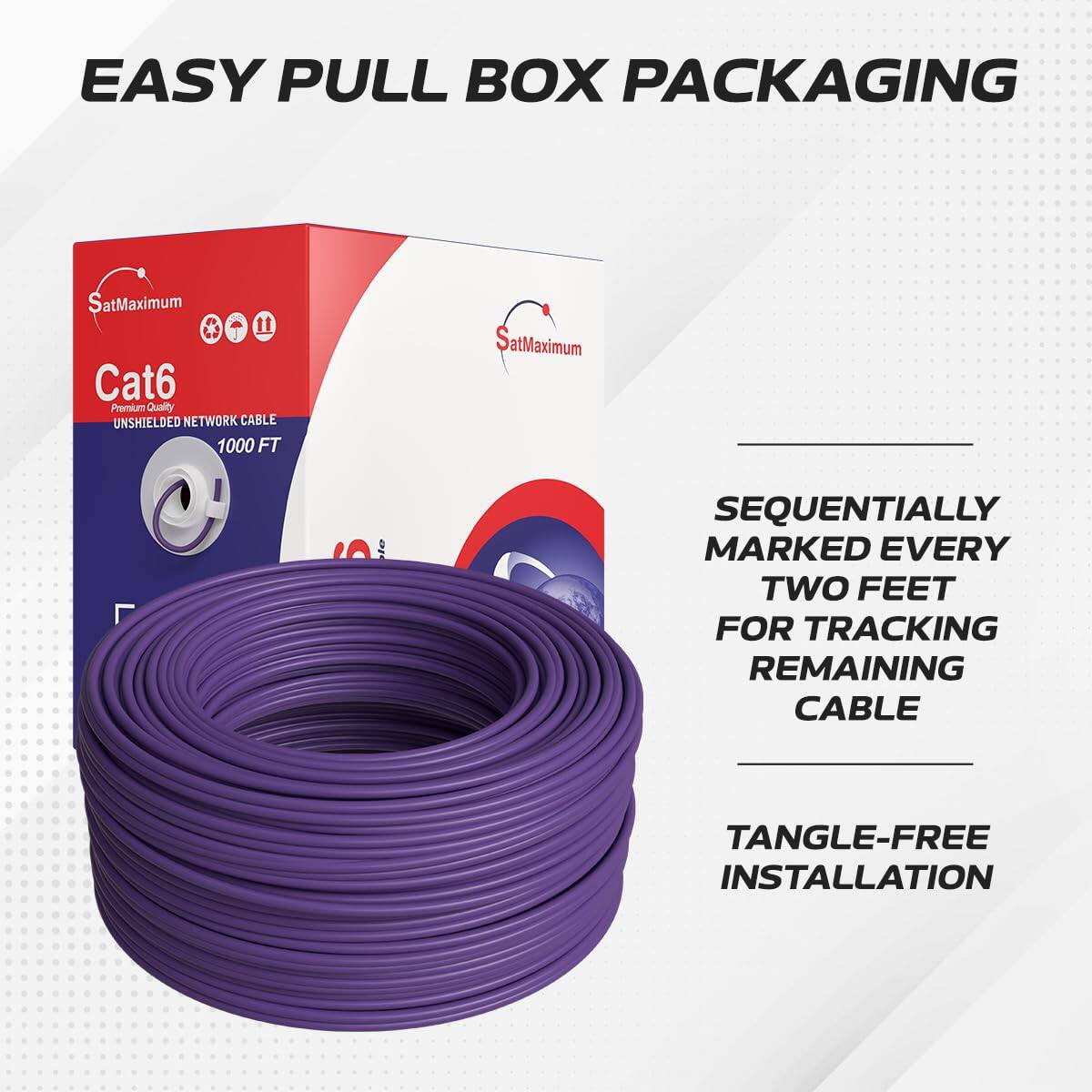 EASY PULL BOX PACKAGING  
SatMaximum Cat6 Premium Quality UNSHIELDED NETWORK CABLE 1000 FT  
SatMaximum  
SEQUENTIALLY MARKED EVERY TWO FEET FOR TRACKING REMAINING CABLE  
TANGLE-FREE INSTALLATION