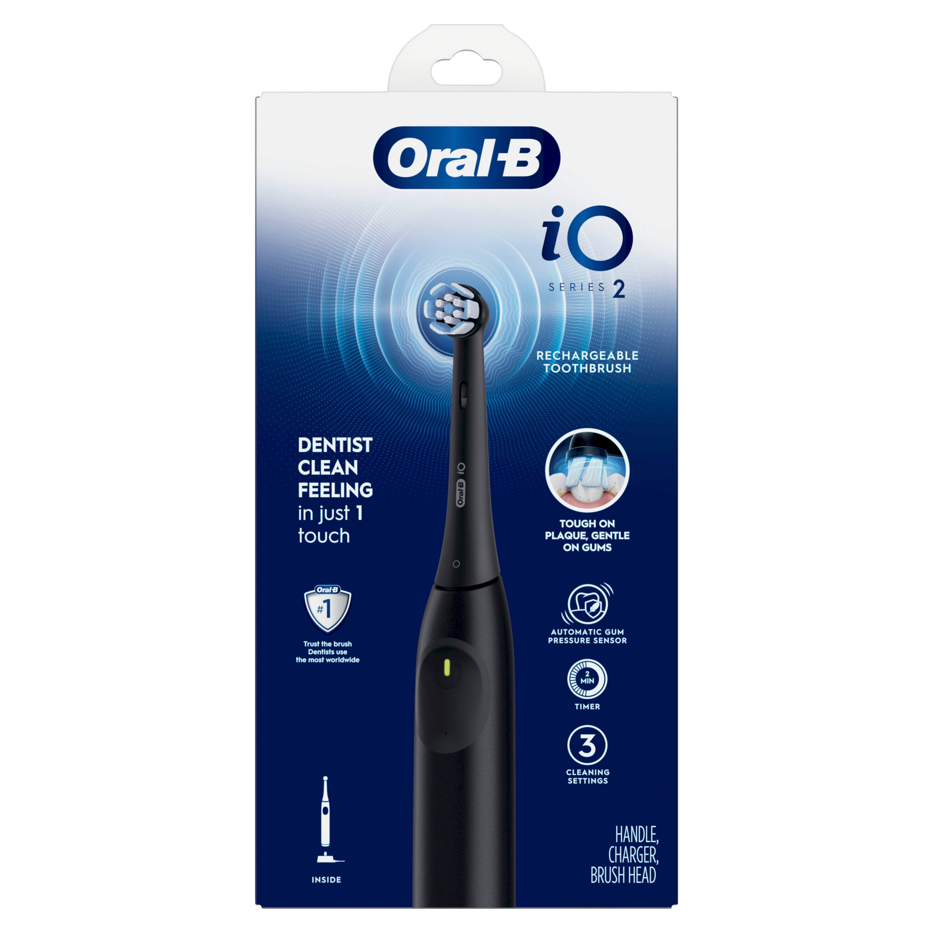 Oral-B iO Series 2 Rechargeable Toothbrush Dentist Clean Feeling in just 1 touch Tough on Plaque, Gentle on Gums - We 3 1 Trust. Automatic Gum Pressure Sensor. 3 Cleaning Settings Inside Handle, Charger, Brush Head.