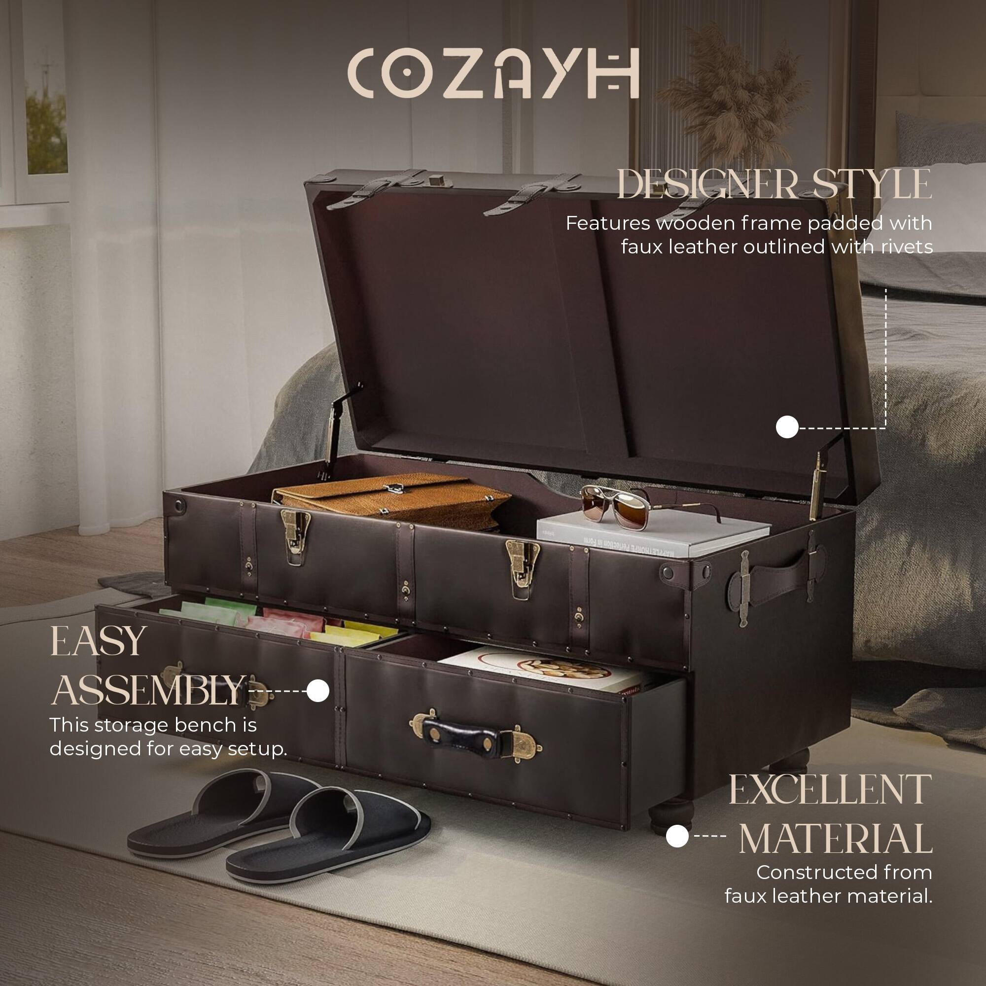 COZAYH DESIGNER STYLE

Features wooden frame padded with faux leather outlined with rivets

EASY ASSEMBLY
This storage bench is designed for easy setup.

EXCELLENT MATERIAL
Constructed from faux leather material.