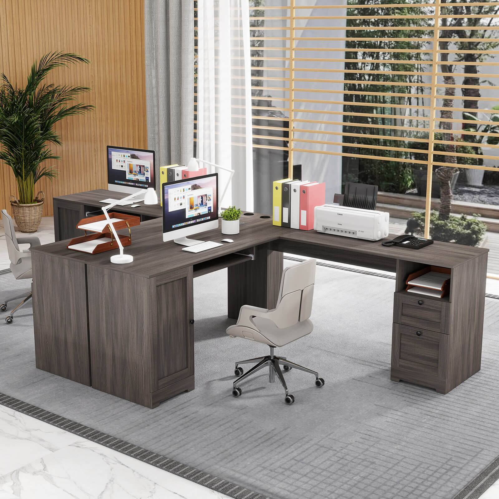 The image does not contain any text that needs to be grouped or corrected. It shows a modern office setup with a desk, computer monitors, and various office supplies.