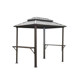 APRILSOUL - 8X6 FT Aluminum BBQ Gazebo Outdoor Metal Frame with Shelves Serving Tables Permanent Double Roof Hard top Gazebos Brown