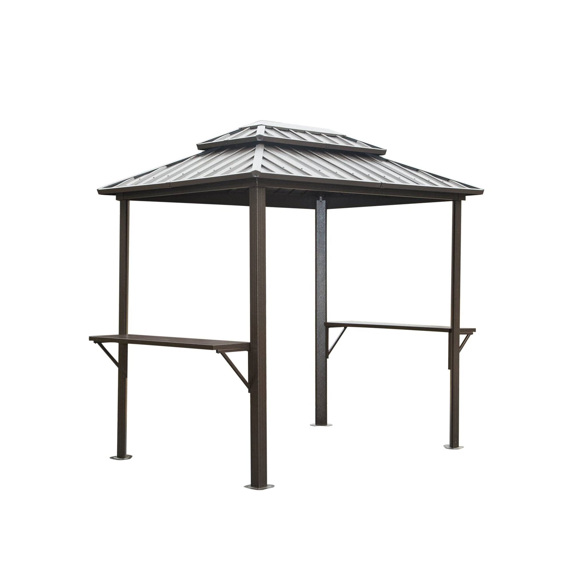 Front. APRILSOUL - 8X6 FT Aluminum BBQ Gazebo Outdoor Metal Frame with Shelves Serving Tables Permanent Double Roof Hard top Gazebos Brown.