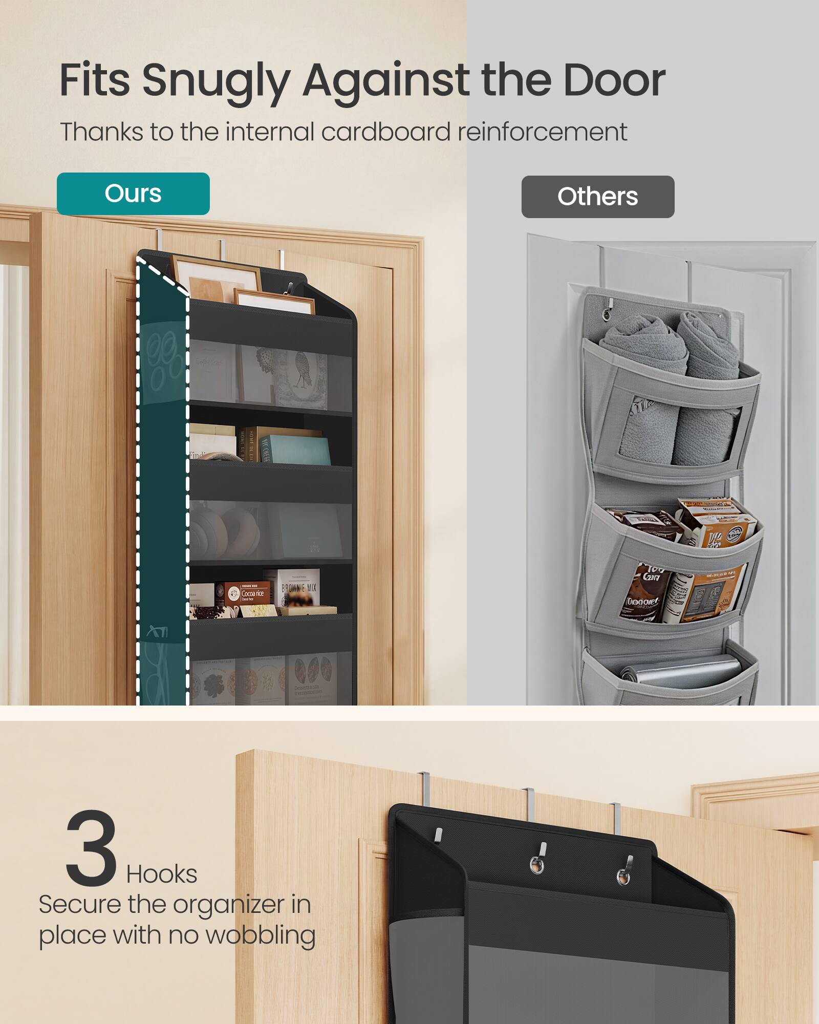 Fits Snugly Against the Door Thanks to the internal cardboard reinforcement

Ours

Others

3 Hooks Secure the organizer in place with no wobbling