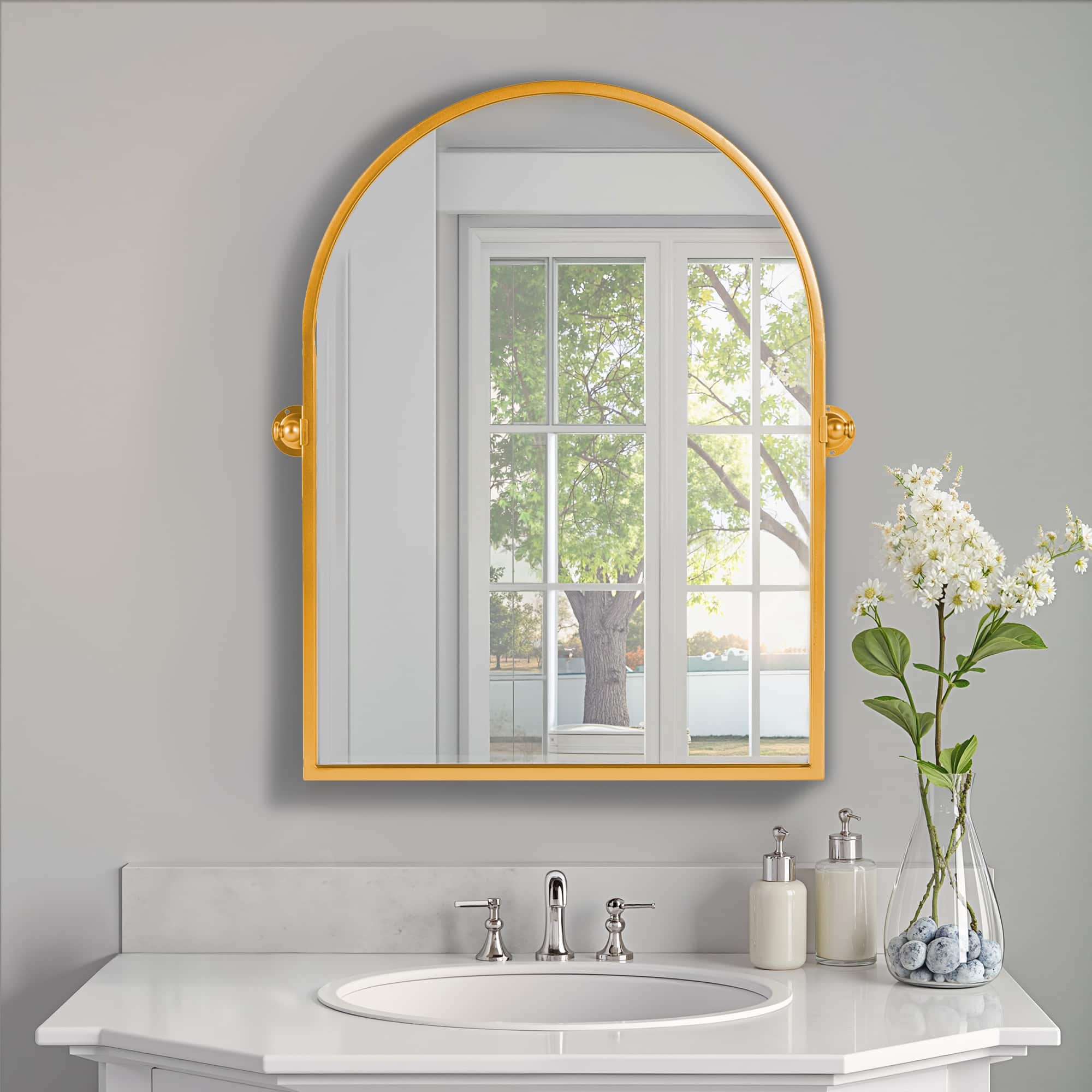 Lirago - 31" x 24" Ironwork right angle Hanging Arched Bathroom Mirror with Rotatable Hardware for Adjustment - Gold