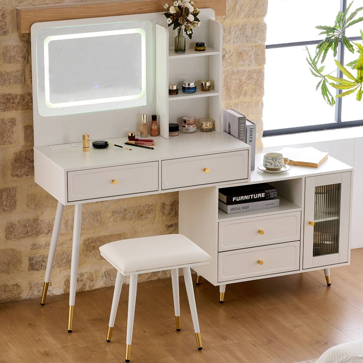 Loheer - Makeup Vanity Desk with Mirror and Lights - White