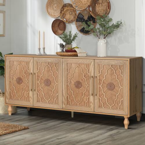 Angle. LUCKY ONE - Freestanding Large Storage Cabinet with Carved Flower Door Metal Handle for Living Room Kitchen Entryway - Natural Wood.
