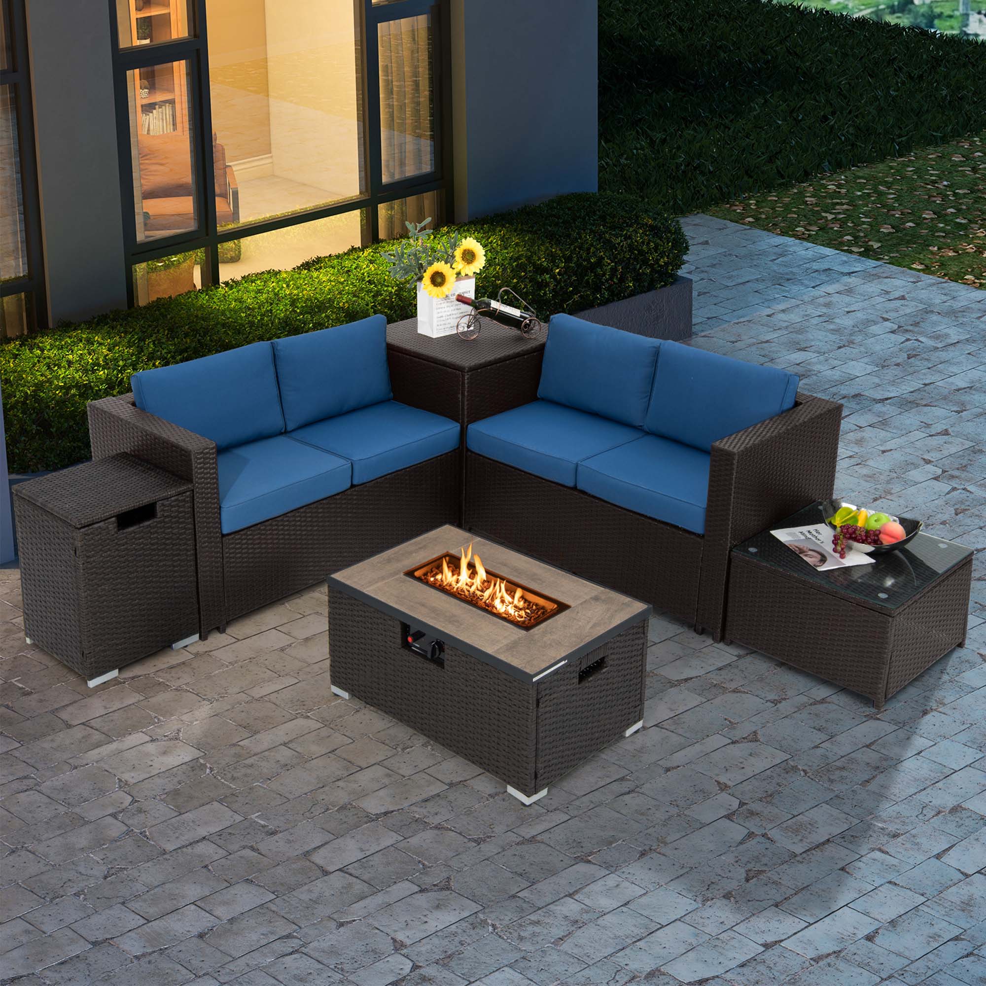 Alt View 2. Costway - Costway 6PCS Patio Rattan Furniture Set 32" Fire Pit Table Tank Holder with Cover - Navy.