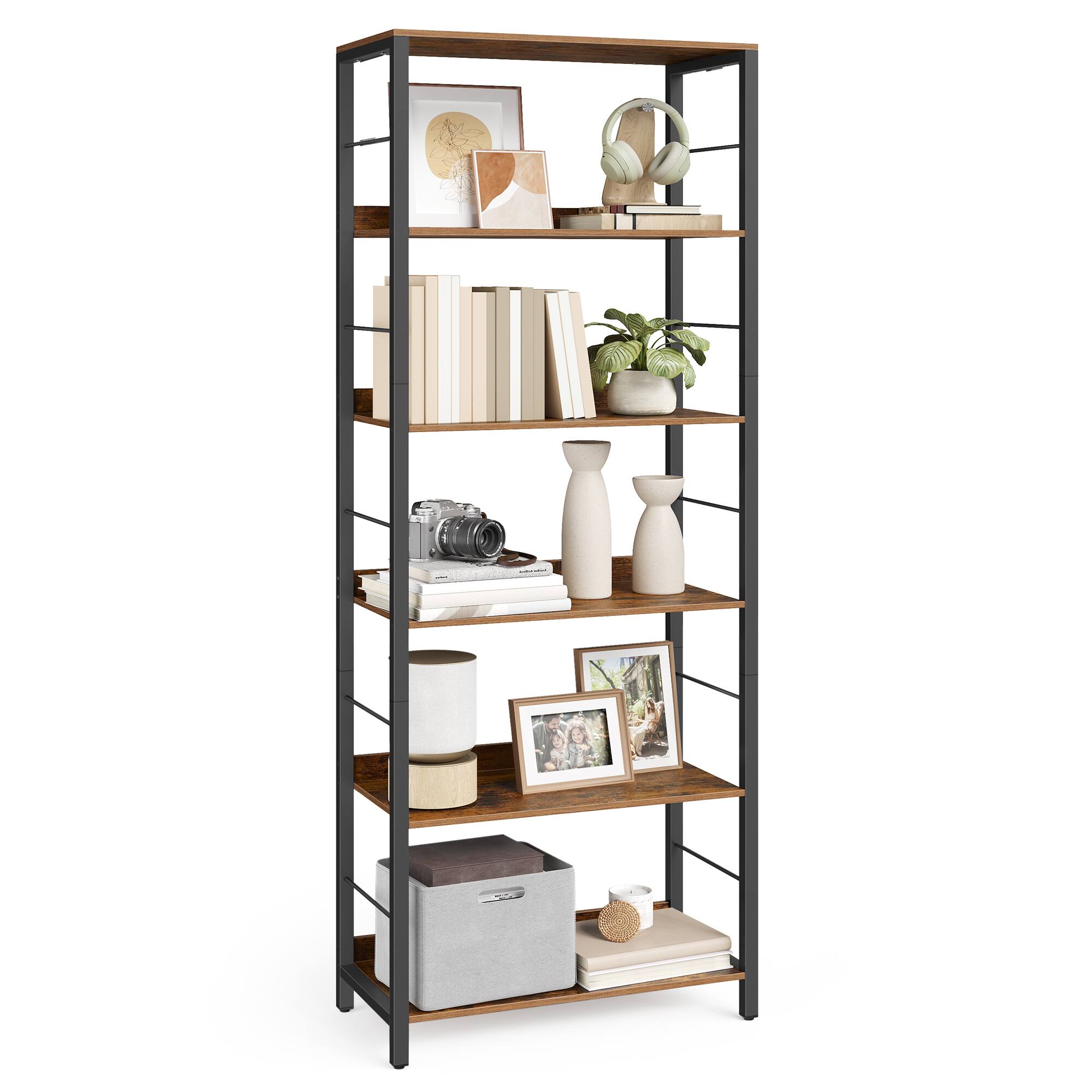 Songmics Home - 6-Tier Bookshelf, Bookcase for Office,Shelving Unit, with Back Panels, Industrial Style, for Living Room,Home Office - Rustic Brown and Black