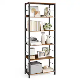 Songmics Home - 6-Tier Bookshelf, Bookcase for Office,Shelving Unit, with Back Panels, Industrial Style, for Living Room,Home Office - Rustic Brown and Black