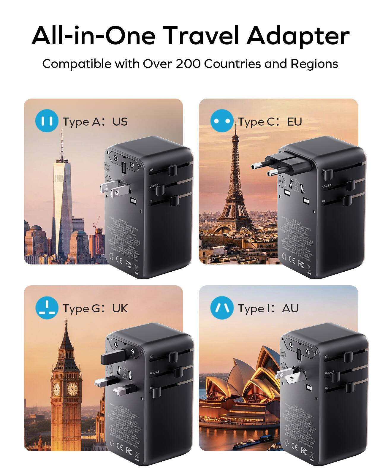 All-in-One Travel Adapter  
Compatible with Over 200 Countries and Regions  

Type A: US  
Type C: EU  
Type G: UK  
Type I: AU  

CE FC