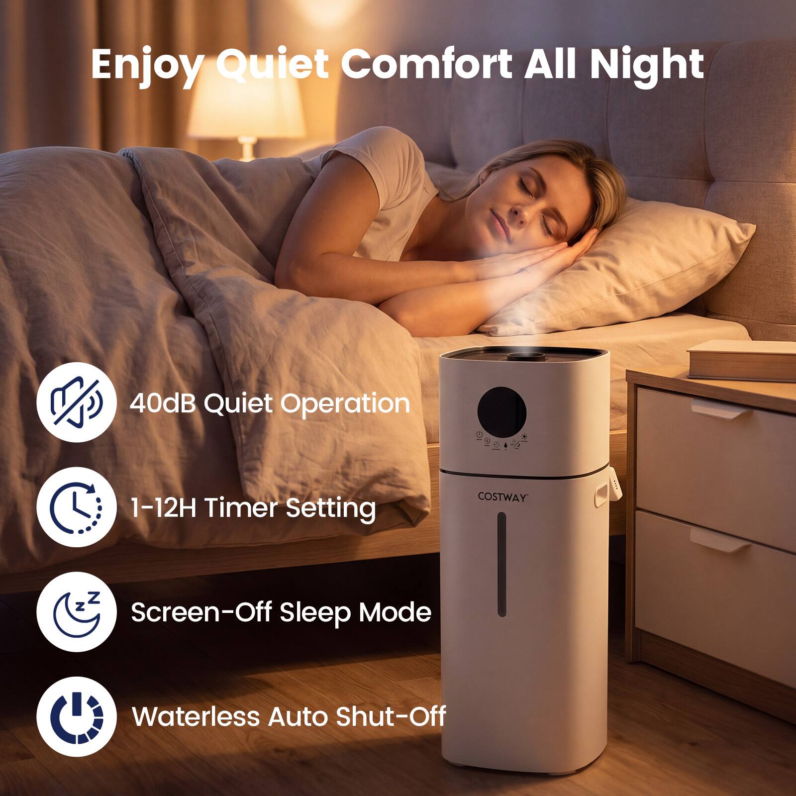 Enjoy Quiet Comfort All Night

40dB Quiet Operation

1-12H Timer Setting

Screen-Off Sleep Mode

Waterless Auto Shut-Off