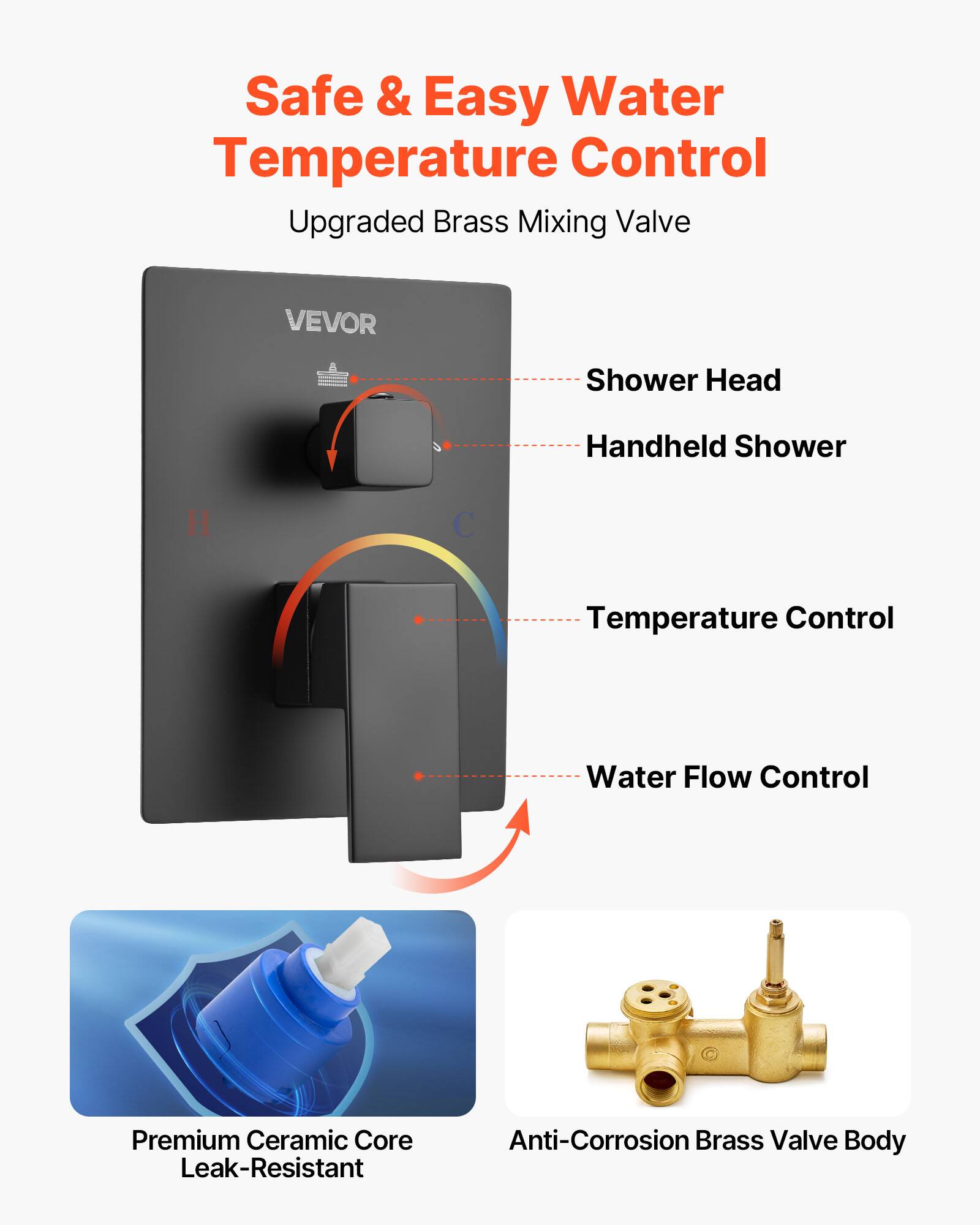 Safe & Easy Water Temperature Control, Upgraded Brass Mixing Valve, VEVOR, Shower Head, Handheld Shower, Temperature Control, Water Flow Control, Premium Ceramic Core Leak-Resistant, Anti-Corrosion Brass Valve Body