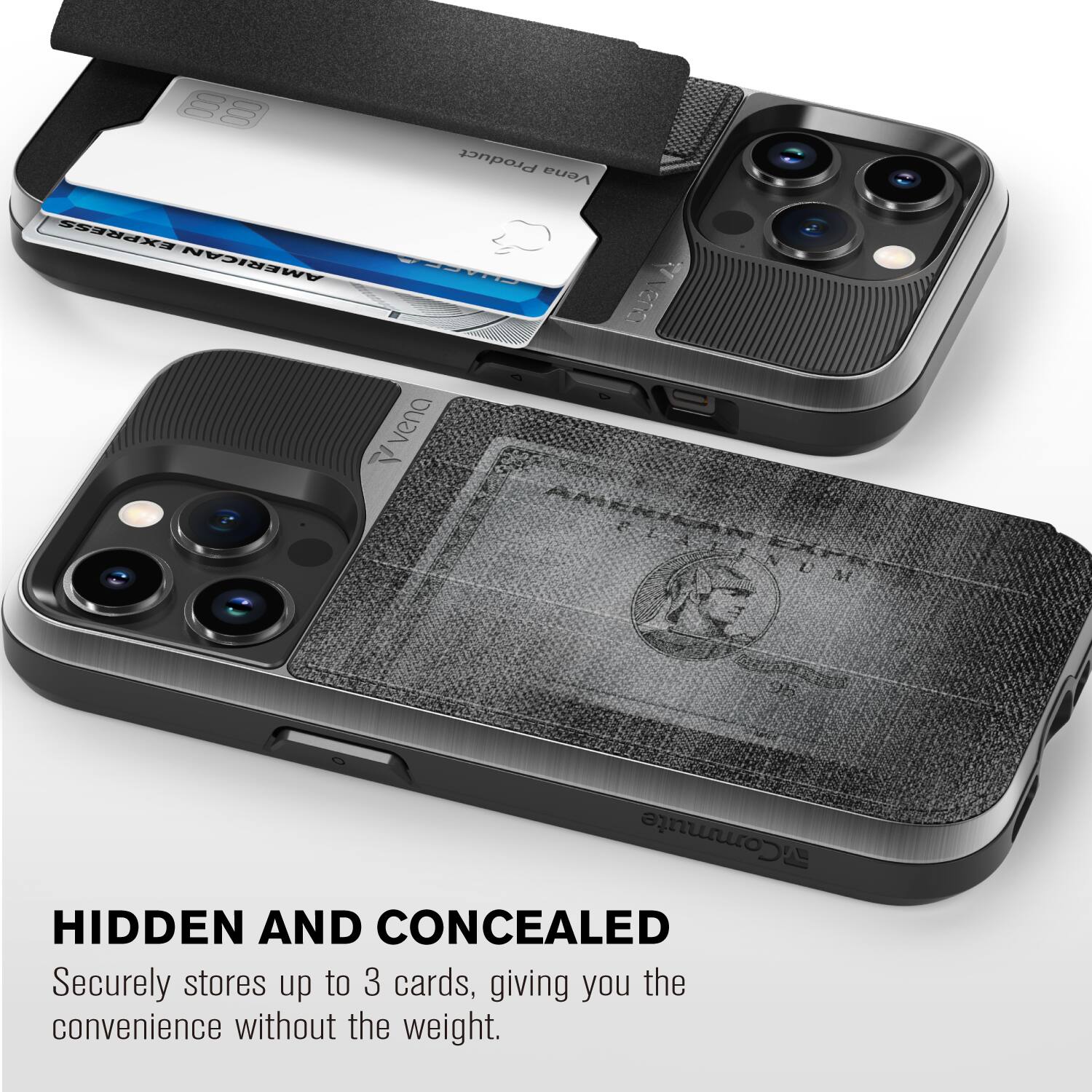 HIDDEN AND CONCEALED
Securely stores up to 3 cards, giving you the convenience without the weight.