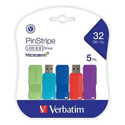 Verbatim - PinStripe 32GB USB 2.0 Type-A Flash Drive, 5/Pack - Assorted Colors