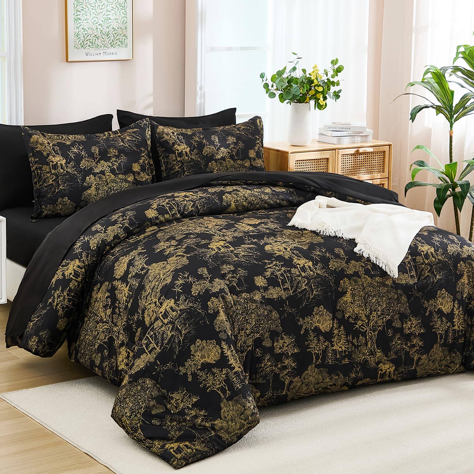 NICHOLAS KLEIN - Comforter Set Queen Bed In A Bag Comforters With Sheets Elegant Plants Print Soft Microfiber Reversible Com - Black Gold King