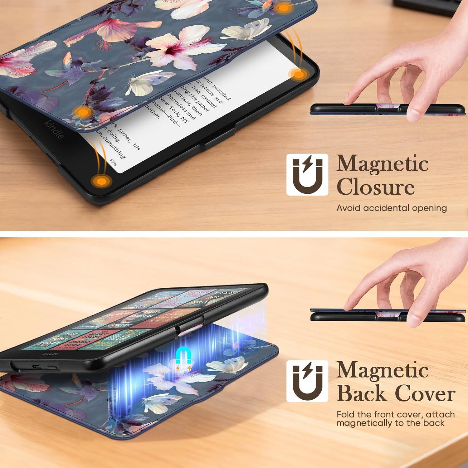 kindle

t. ir and ding had letters resealed New harmless the caused are: nother. name-Bird- York, and then paper r's NY u m. doing. father, Something his 17%

Magnetic Closure
Avoid accidental opening

THE

U Magnetic Back Cover
Fold the front cover, attach magnetically to the back