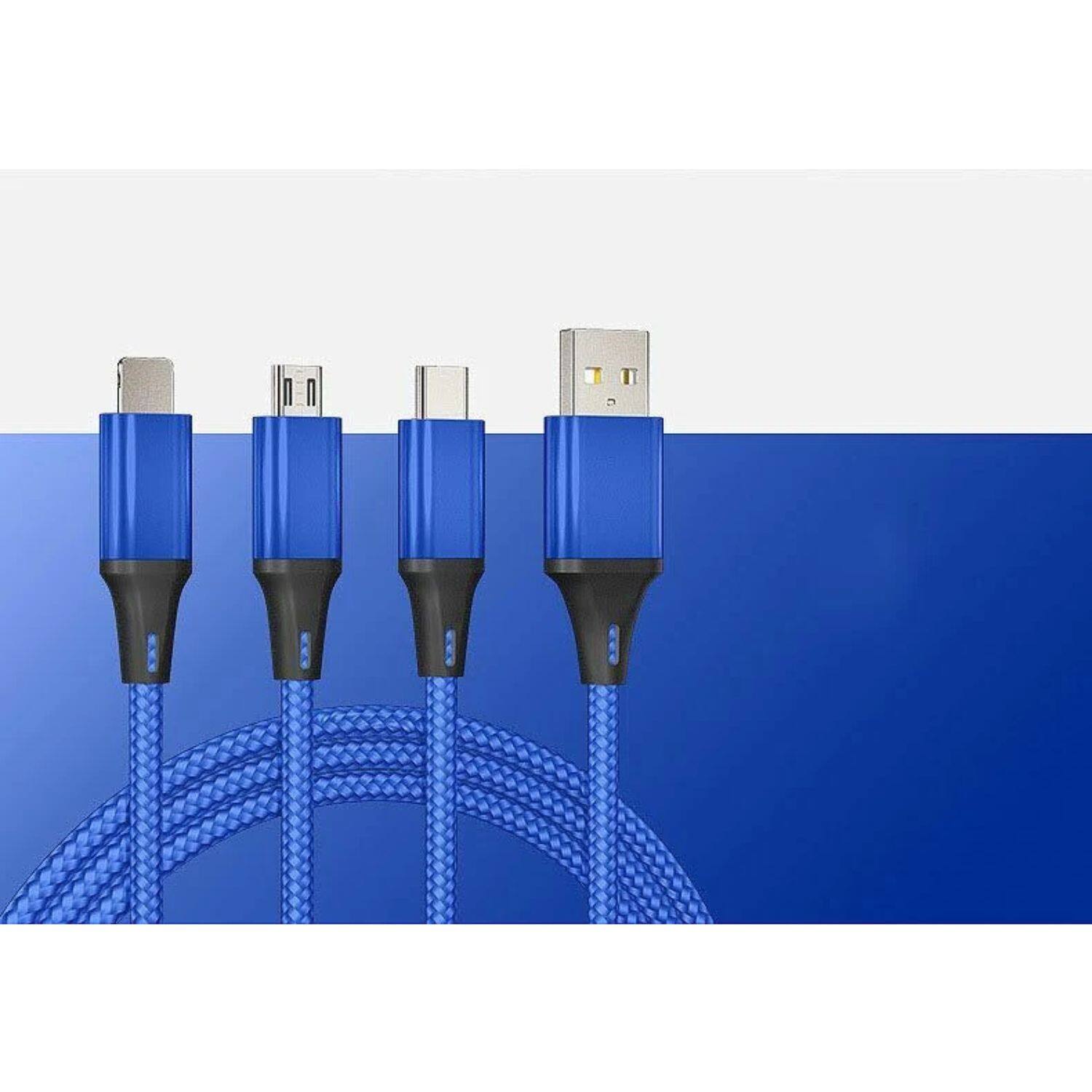 Angle. Home Collection - 3 in 1 USB Micro Type C Fast Charging Cable Cell Phone Tablet Tab Cord Charger in Blue.