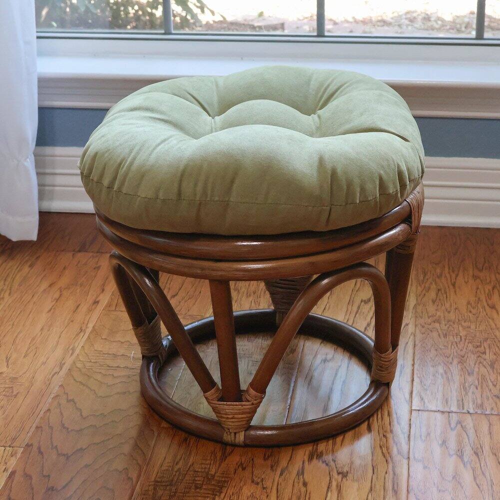 Angle. International Caravan - International Caravan Rattan Ottoman with Micro Suede Cushion - Sage.