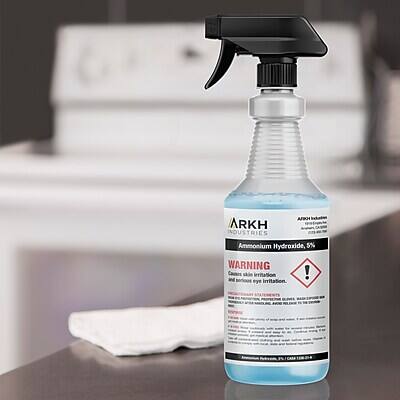 ARKH Industries  
Ammonium Hydroxide, 5%  

WARNING  
Causes skin irritation.  
Causes serious eye irritation.  

Keep out of reach of children.  
Read the label before use.