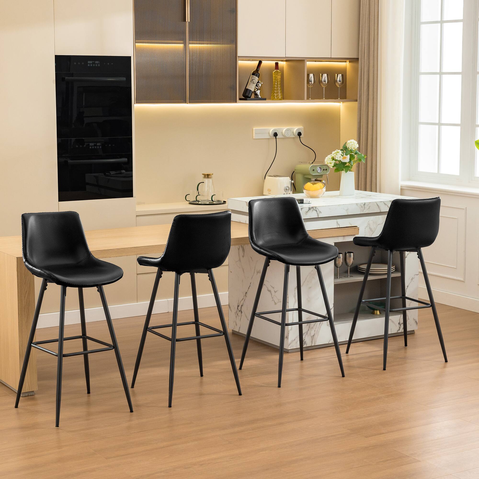 Alt View 6. KERDOM - 4pcs Bar Stools with Back, 24/28 inches Height Counter Bar Chair, PU Leather Armless Kitchen Island High Dining Chair - 24‘’ Height - Black.