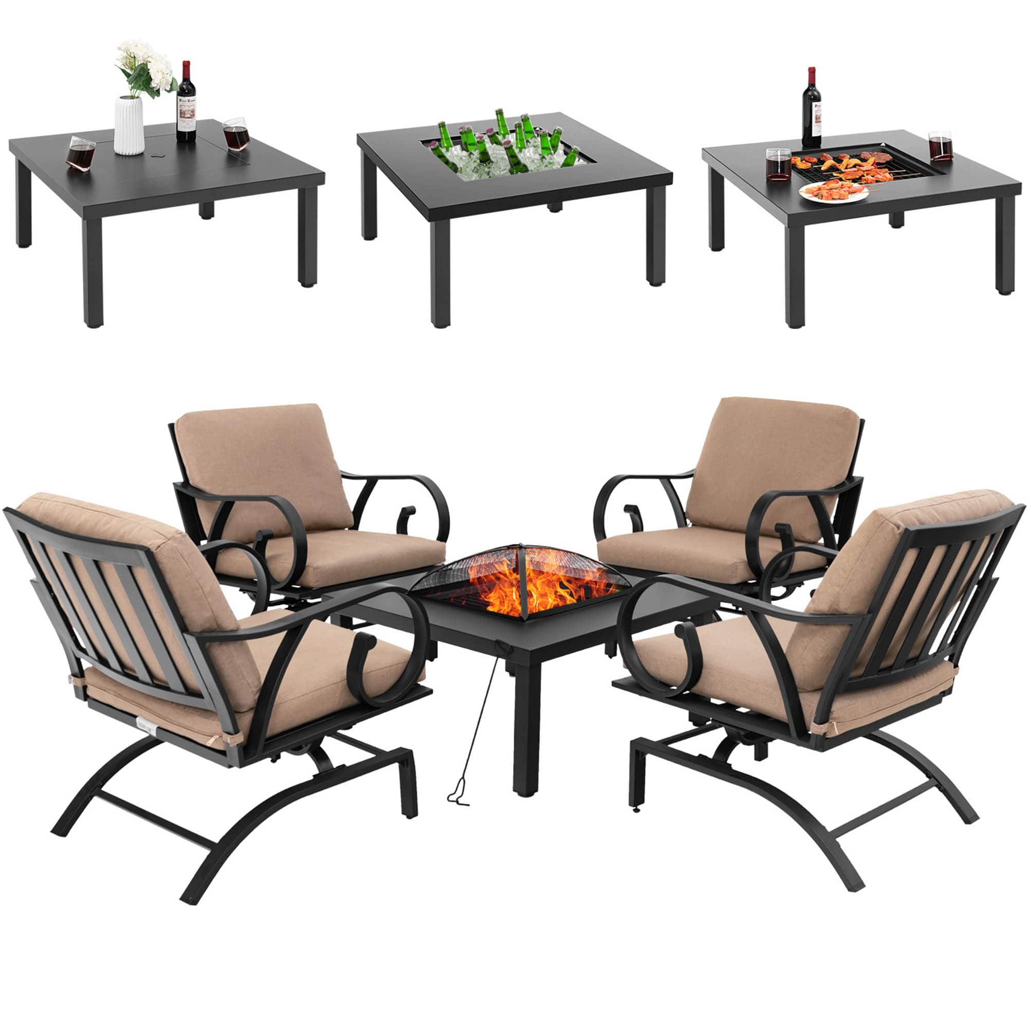 Gymax - 5PCS Cushioned Patio Dining Set Heavy-Duty Rocking Chairs with 4-in-1 Fire Pit Table - Brown