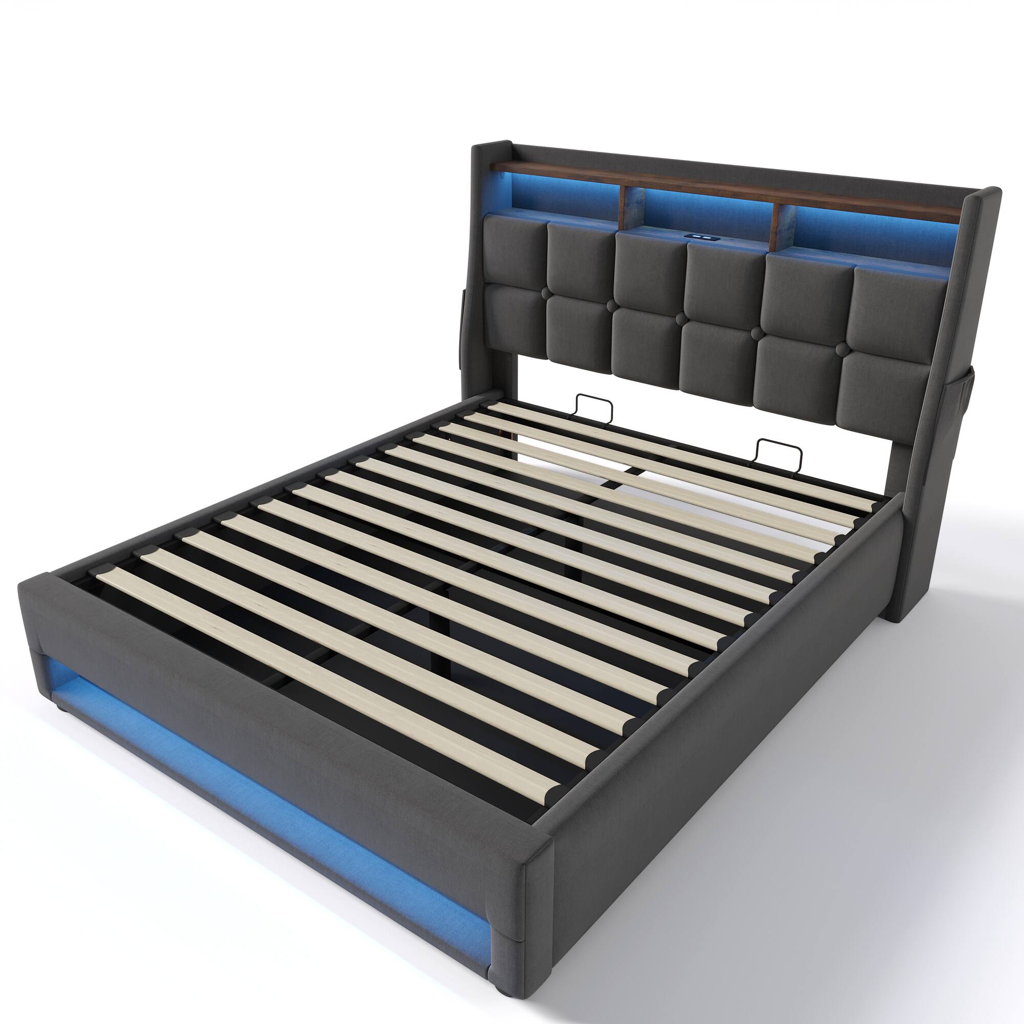 Back. LUCKY ONE - Full size Upholstered Platform Bed Frame with a Hydraulic Storage System, LED and USB Charging - Grey.