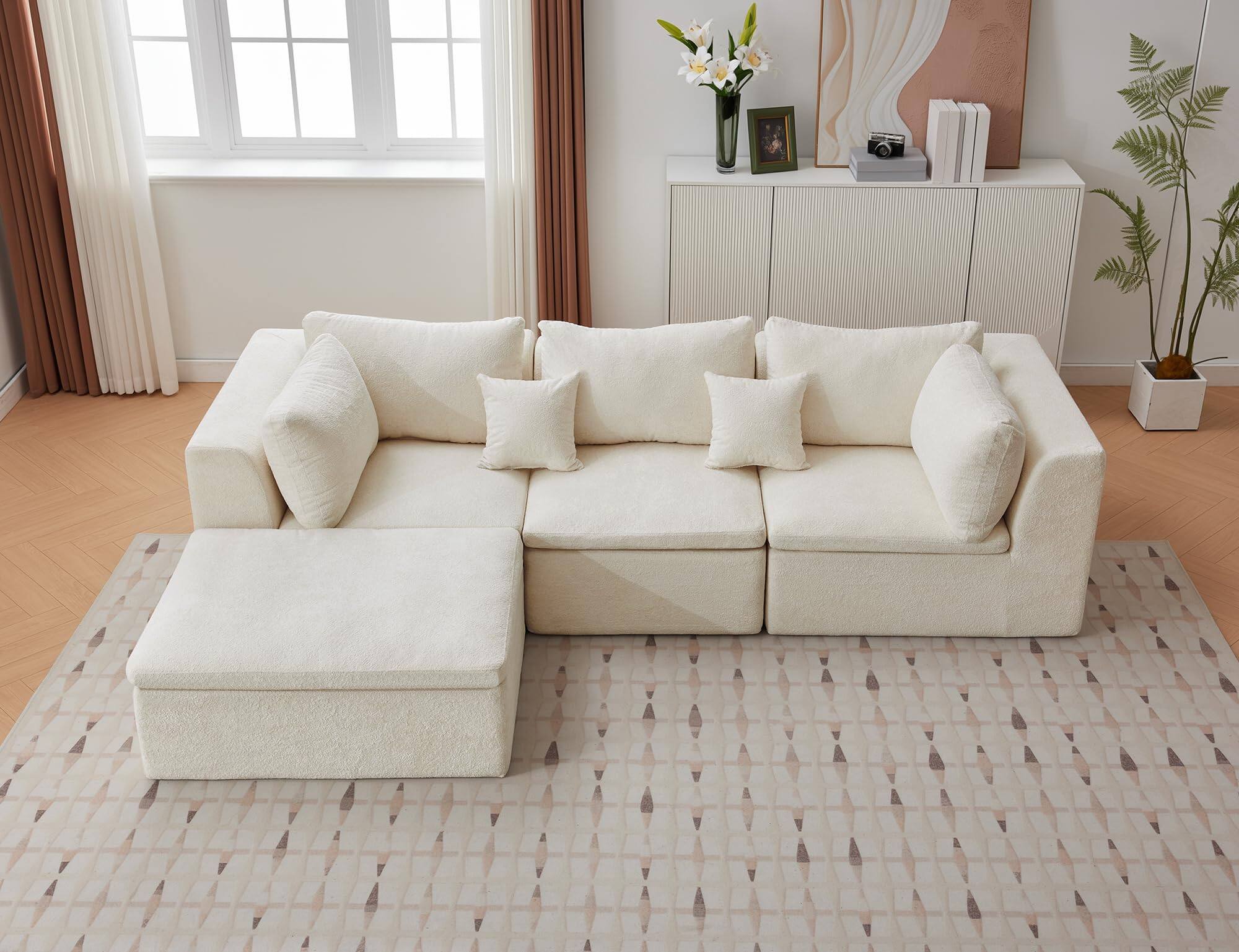 Alt View 2. Babevy - 110" L-Shaped Modular Sectional Sofa, 4-Seater Oversized Chenille Couch with Double Chaise, Ottoman & Pillows - Beige.